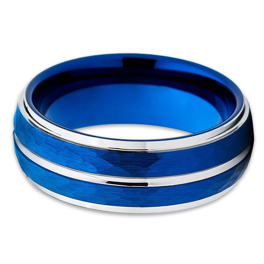 Hammered Blue Tungsten Wedding Band for Men & Women - 8mm Comfort Fit Anniversary & Engagement Ring - Durable & Scratch-Resistant Jewelry for Weddings, Proposals & Special Occasions