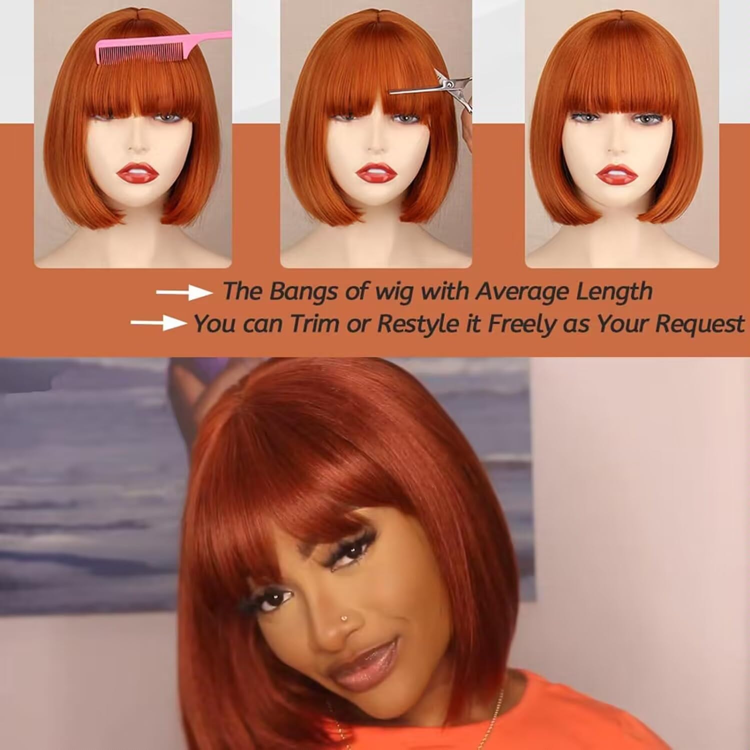 Straight Bob Wig with Bangs 100% Human Hair for Women - Natural Look & Comfortable Wear for Daily Use, Parties & Cosplay
