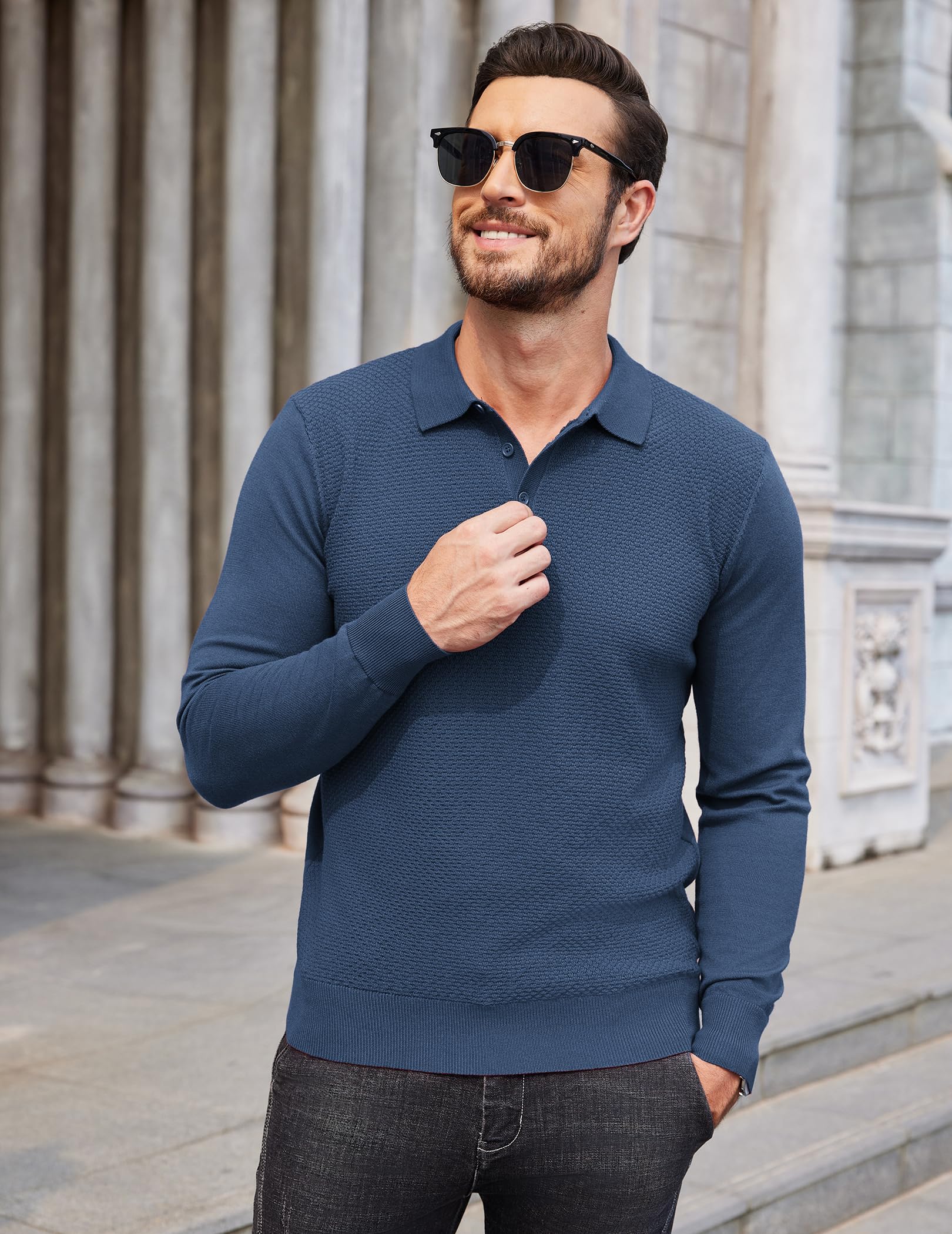 COOFANDY Men's Long Sleeve Knit Polo Sweater - Casual Quarter Button Collared Shirt for Golf, Office & Fall Outfits | Waffle Textured Warm Pullover for Business Casual & Weekend Wear