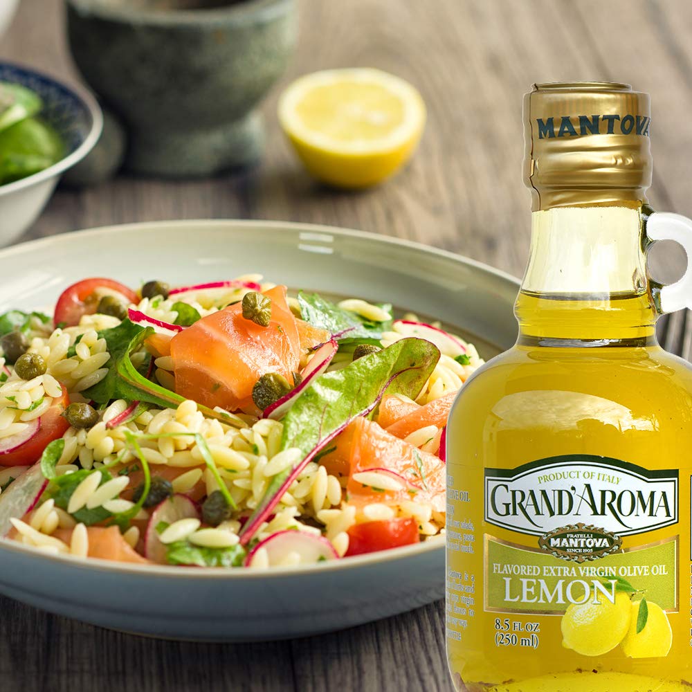 Premium Italian Extra Virgin Olive Oil - Mantova Grand’Aroma Cold-Pressed Lemon Flavored, 100% Natural, Heart-Healthy Cooking Oil for Salad Dressing, Pasta, Garlic Bread, Meats & Pan Frying - 8.5 oz (Pack of 3) - Perfect for Mediterranean Cuisine & Gourmet Cooking