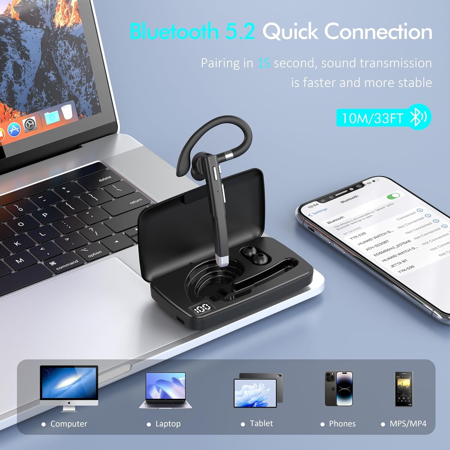 Wireless Bluetooth Earpiece with Microphone, V5.3 Hands-Free In-Ear Headset for Phone Calls - USB-C Charging, IPX5 Waterproof, Compatible with Android/iOS - Perfect for Driving, Business Meetings, Office Work & Remote Communication