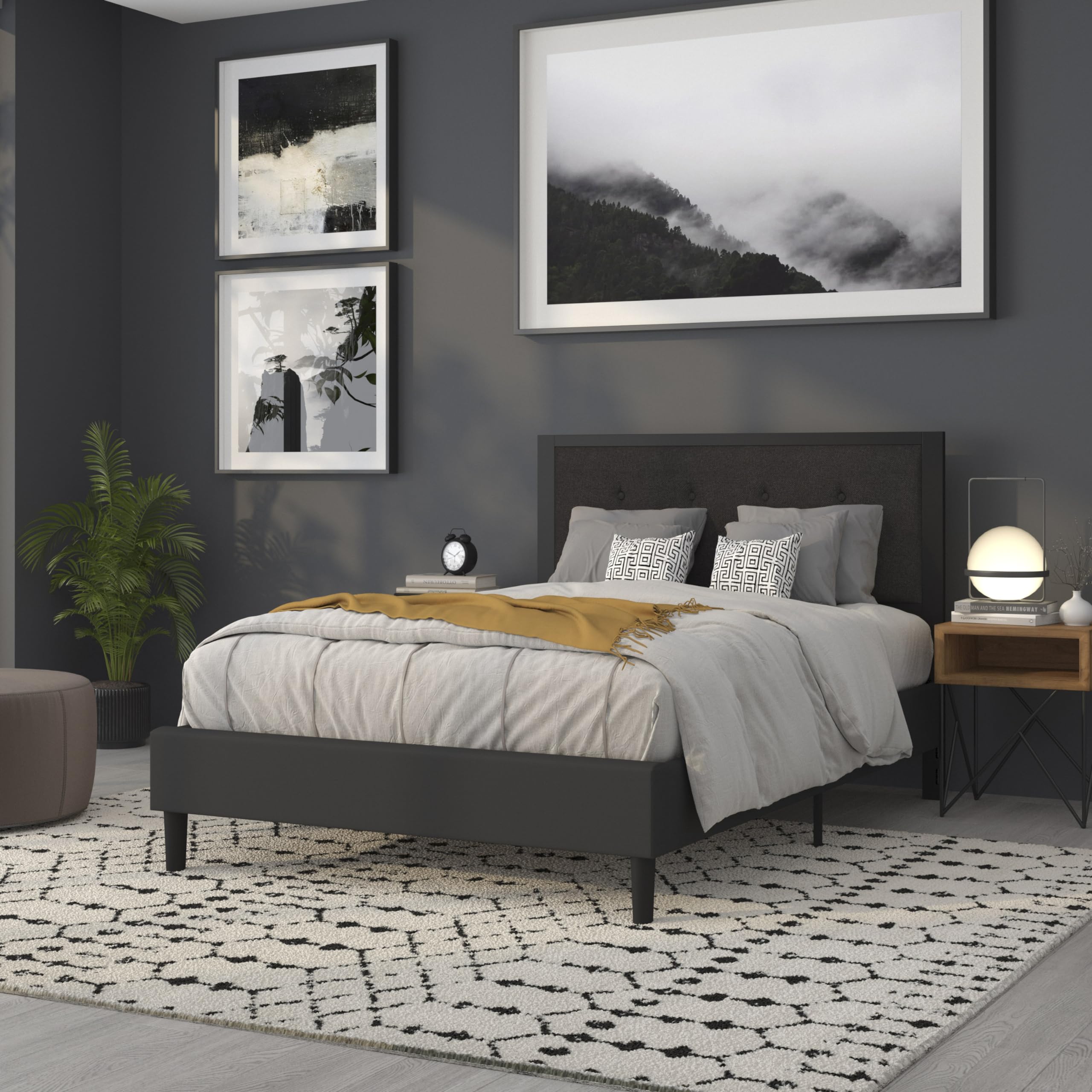Full Size Upholstered Metal Panel Headboard in Tufted Black Fabric - Queen Bed Frame Accent for Modern Bedroom Decor | Perfect for Master Bedrooms, Guest Rooms & Apartment Living