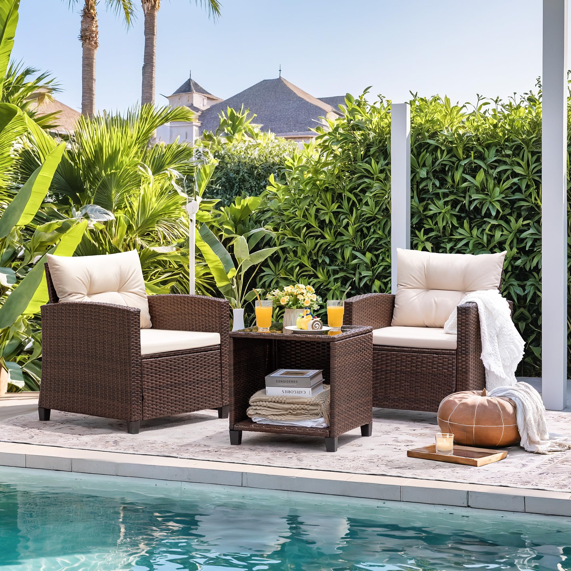 Devoko 3-Piece PE Rattan Wicker Patio Furniture Set with 2 Outdoor Chairs & Table - Durable Garden, Poolside, Balcony, Porch Furniture for Relaxing & Entertaining