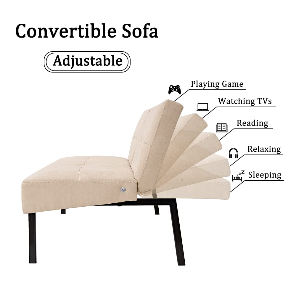 Panana Modern Convertible Futon Sofa Bed - Linen Fabric Upholstered, 5-Angle Adjustable with 2 Cup Holders, Beige | Space-Saving Daybed & Guest Bed for Small Apartments, Dorms & Home Offices