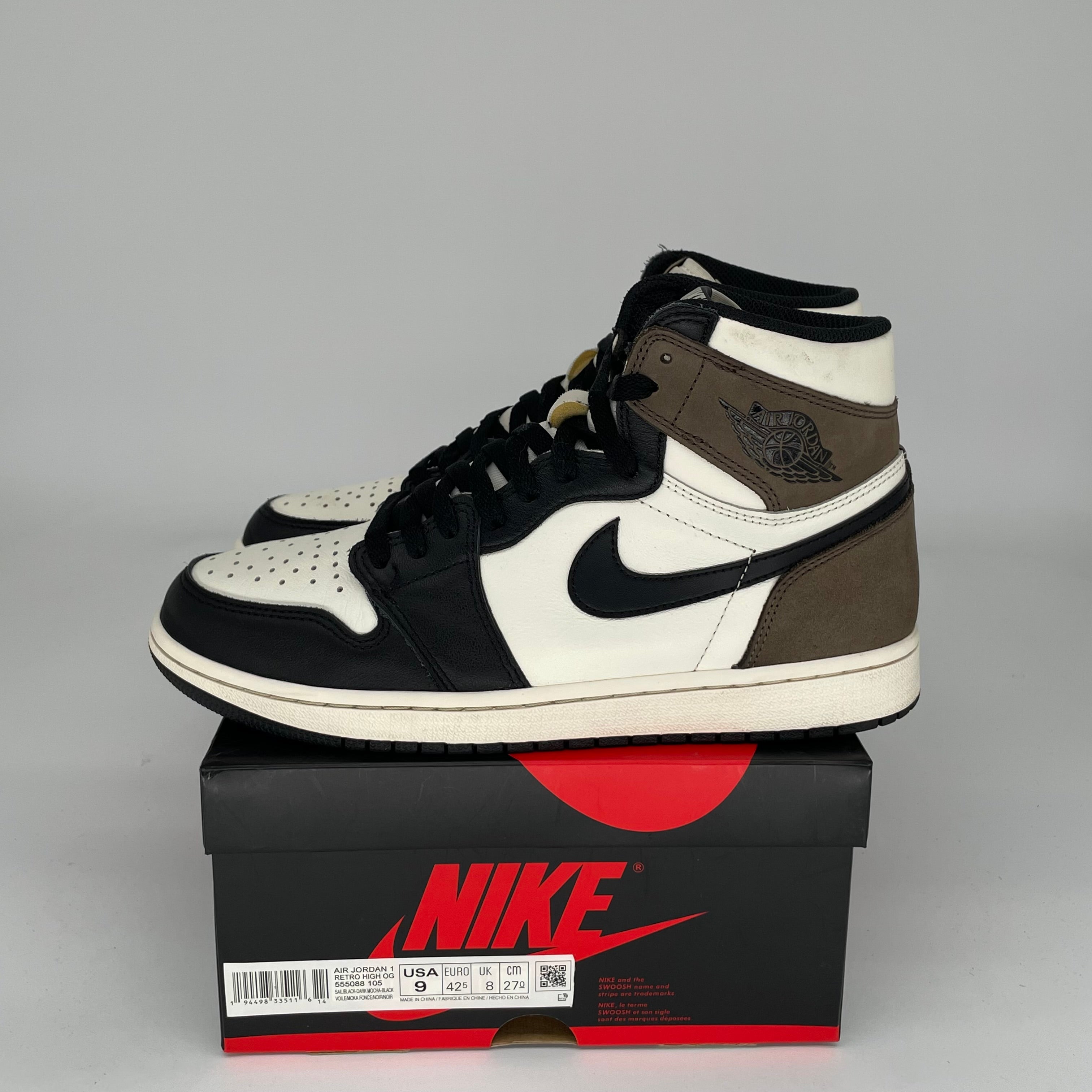Air Jordan 1 Dark Mocha Men's Sneakers Size 9 (555088-105) - Retro High Top Basketball Shoes for Casual Wear & Street Style