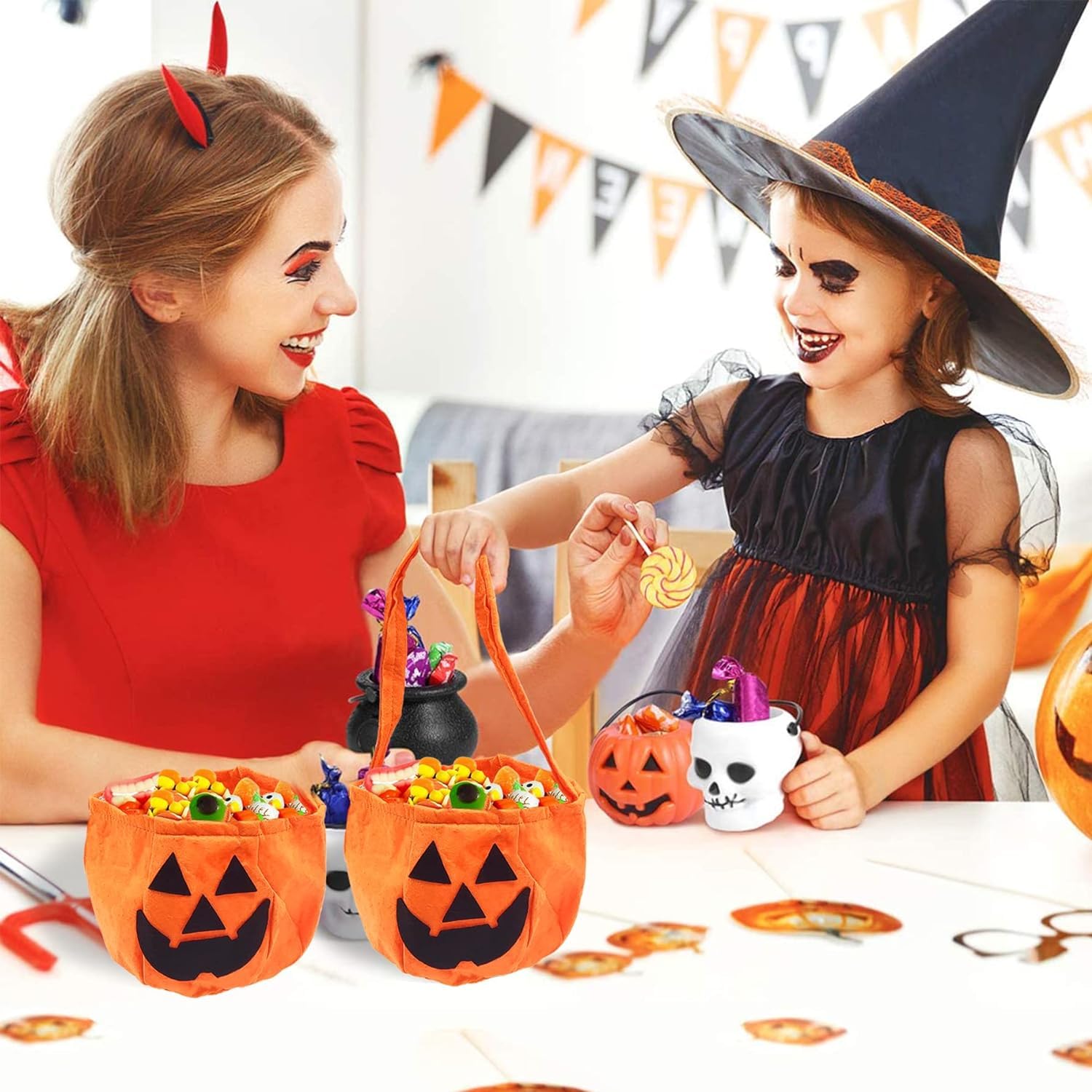 Halloween Pumpkin Candy Bags for Kids - Reusable Non-Woven Trick or Treat Buckets for Halloween Party Favors & Candy Collection | Perfect for Trick-or-Treating, Halloween Parties, and Classroom Treats