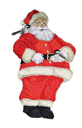Santa and Chickadees Embroidered Iron On Sew Patch 4x6.8 Inch Christmas Holiday Applique for Jackets Hats Bags DIY Crafts - Made in USA - Perfect for Costumes Gifts and Holiday Decorations