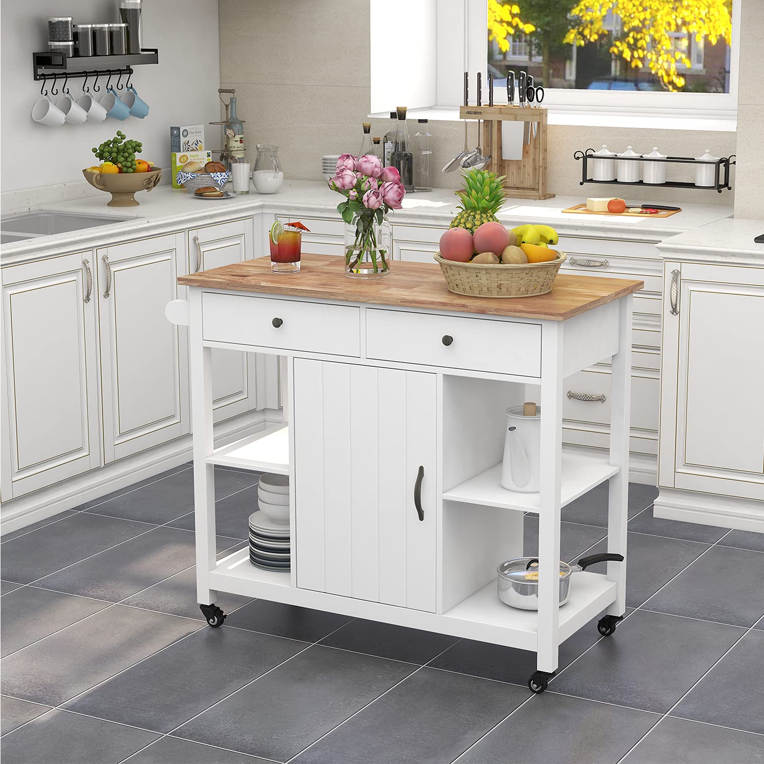 ChooChoo Rolling Kitchen Cart with Wooden Top - Mobile Kitchen Island with Storage Drawers & Shelves, Easy Assembly, White - Perfect for Small Spaces, Apartments & Extra Counter Space