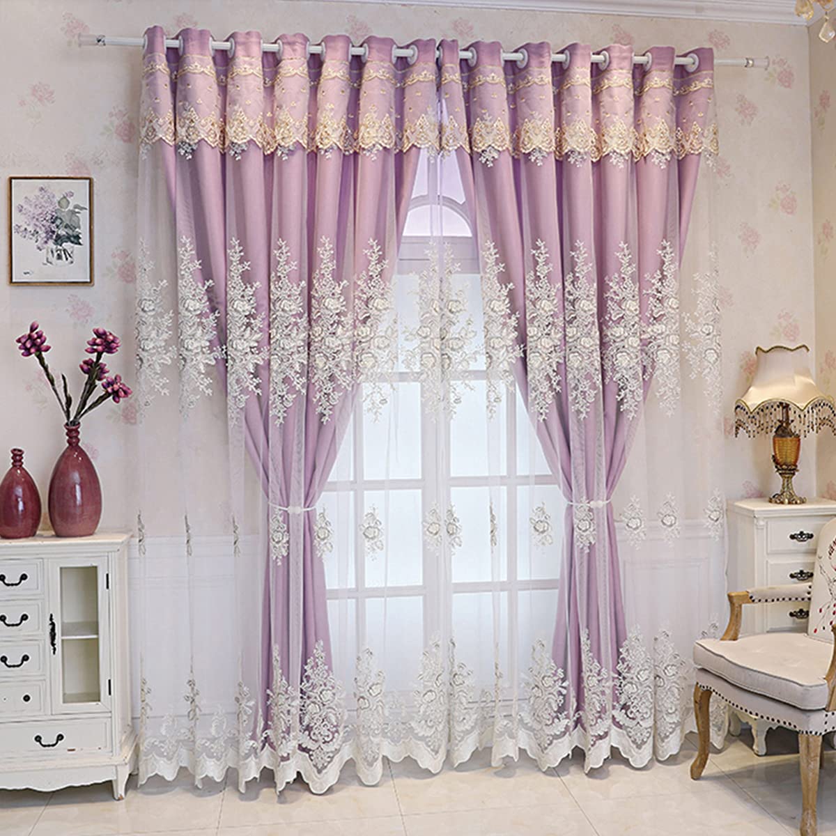 Double Layer Blackout Curtains with Lace Embroidery - Thermal Insulated Energy Saving Sheer Drapes for Living Room & Bedroom, Soft Breathable Tulle Overlay Grommet Blackout Curtain Panel - Perfect for Nursery, Kids Room & Home Theater Light Control