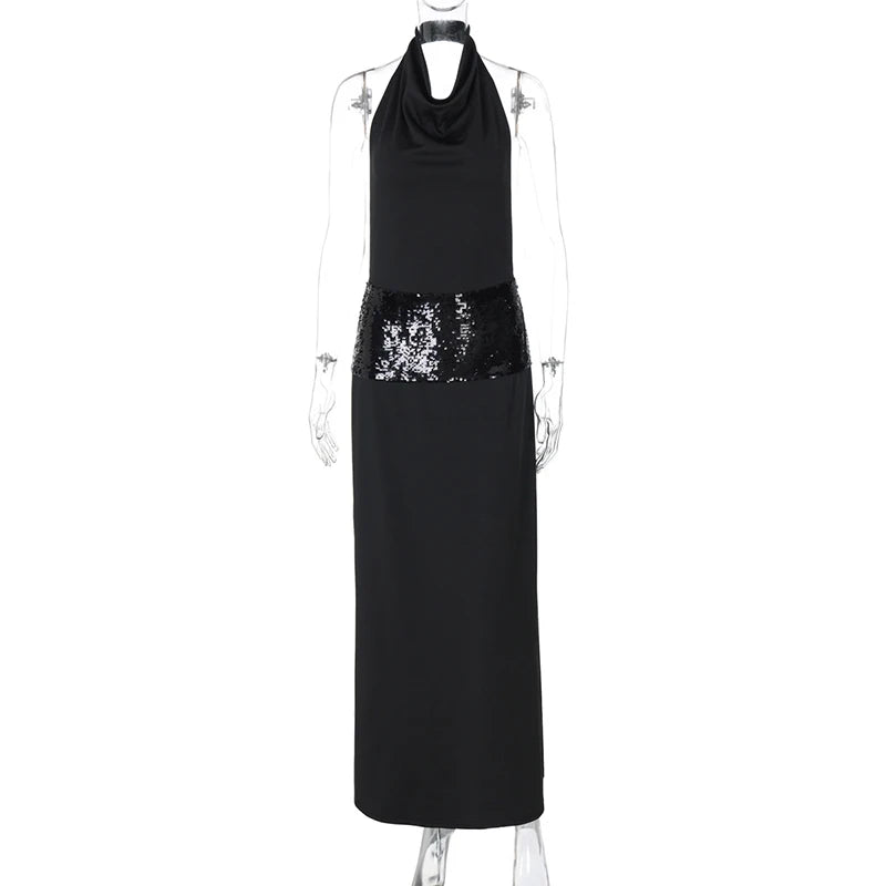 Elegant Black Halter Backless Glitter Maxi Dress for Women - High Waist Sleeveless Long Gown for Evening Party, Prom, Wedding Guest & Special Occasions