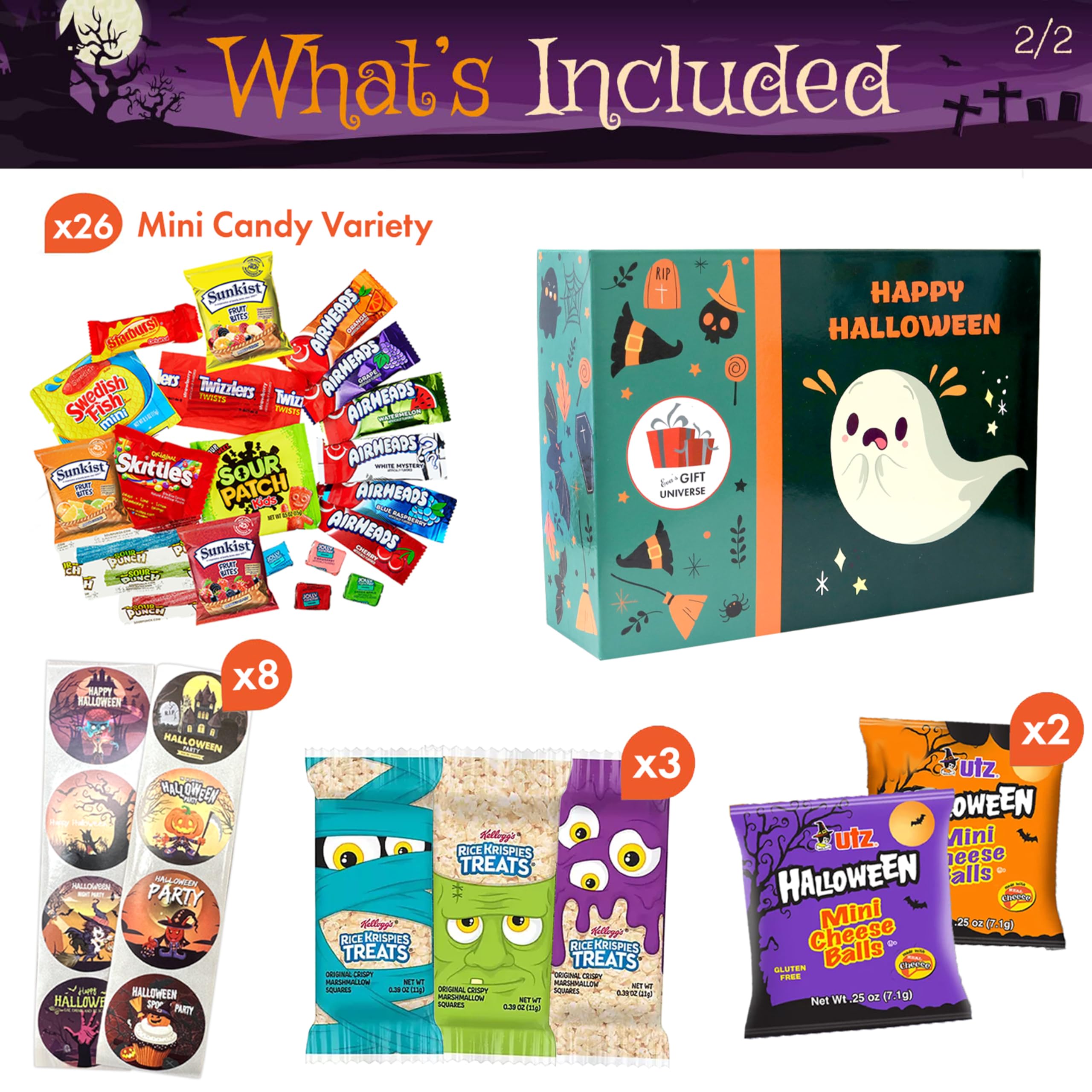 **Halloween Snacks Green Box (50 Count) – Assorted Cookies & Candy Care Package for Students, Friends, Family, Couples – Perfect Gift Basket for Parties, Trick-or-Treating & Office Celebrations**