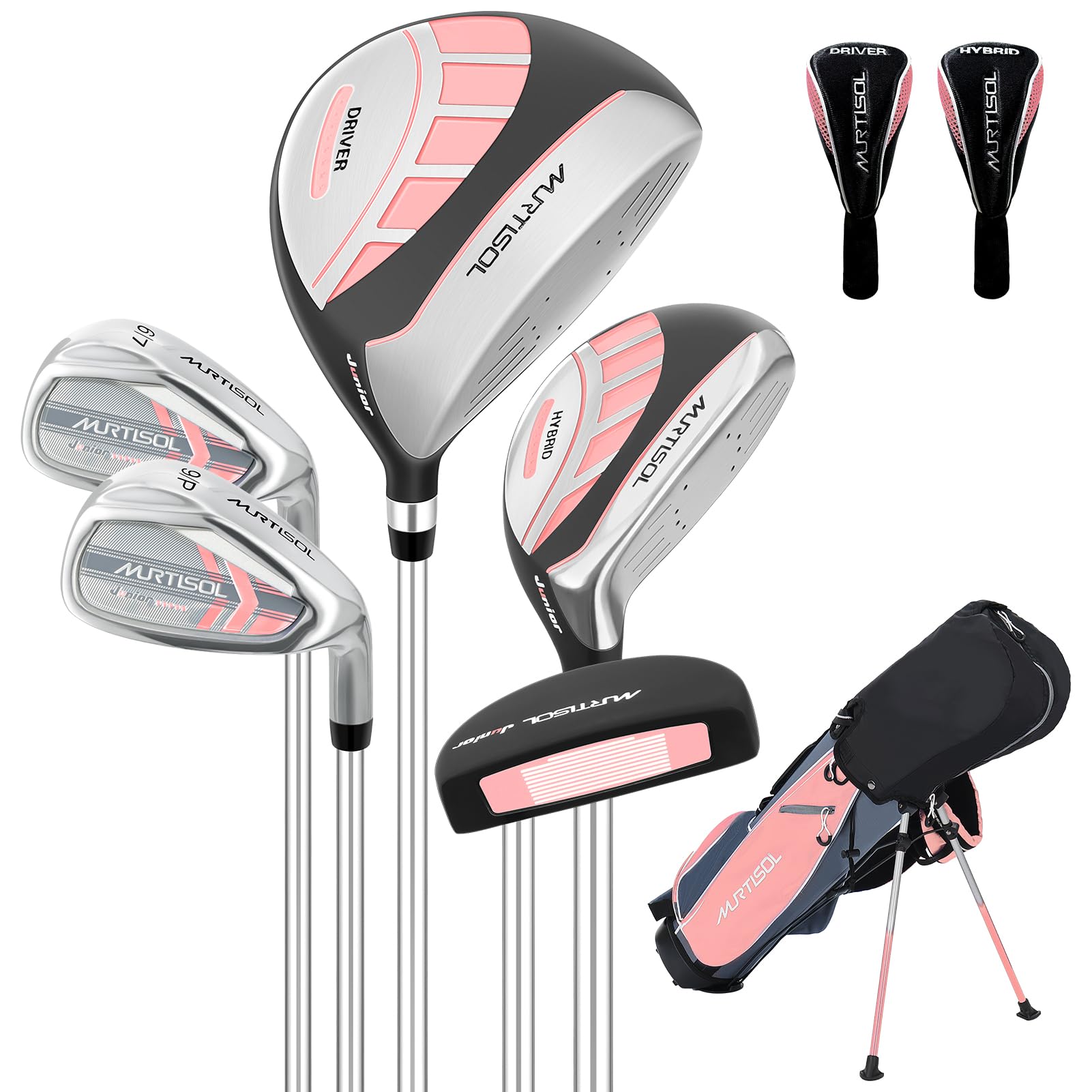 5/6 Piece Kids Golf Club Set for Boys & Girls Ages 5-14 - Junior Golf Clubs with Stand Bag, Driver, Hybrid, Irons & Putter (Right Hand) - Perfect for Backyard Practice, Driving Range & Junior Golf Tournaments