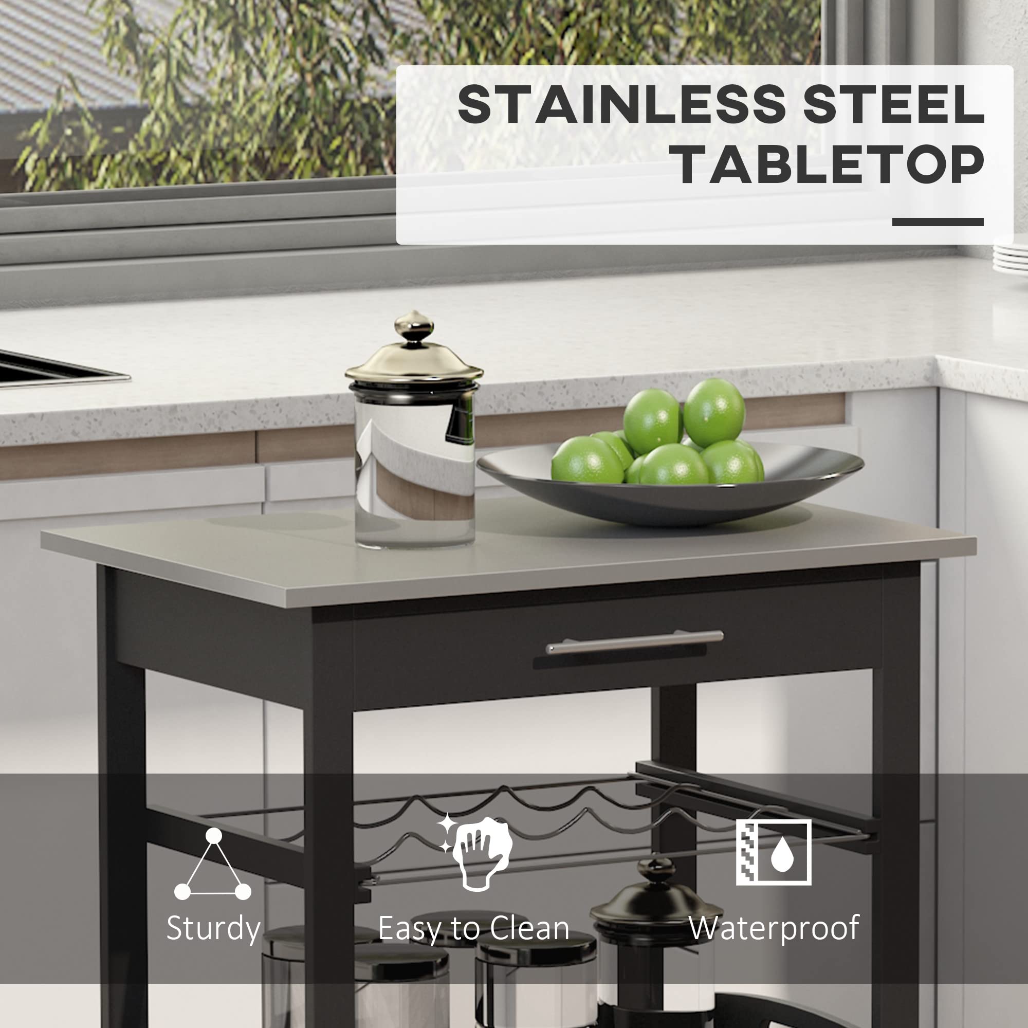 HOMCOM Kitchen Island Cart with Stainless Steel Tabletop, Wine Rack & Drawer - Rolling Utility Serving Trolley for Kitchen, Dining Room & Bar Use