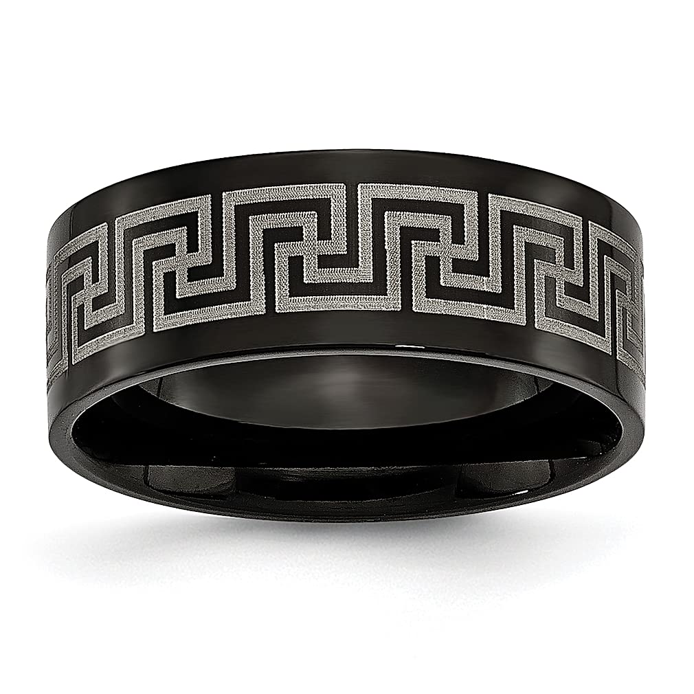 ICE CARATS Titanium Black Plated Greek Key Laser Etched 8mm Brushed Wedding Band Ring for Women - Elegant Fashion Jewelry Gift for Her, Perfect for Anniversaries, Engagements & Special Occasions