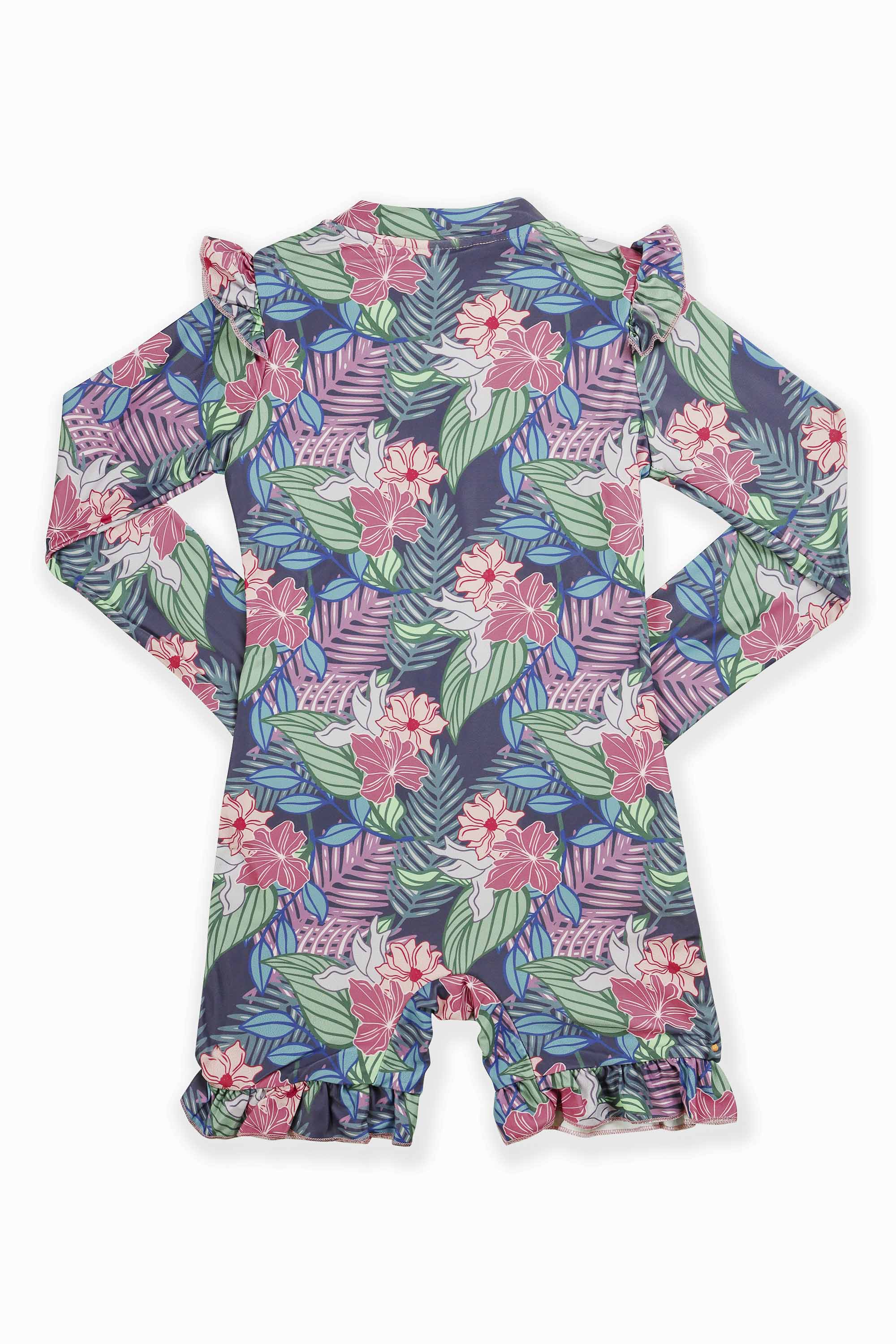 Tanjong Girls' Ruffle Long Sleeve Swimwear - Floral Print UV Protection One-Piece Bathing Suit for Beach, Pool & Summer Water Activities