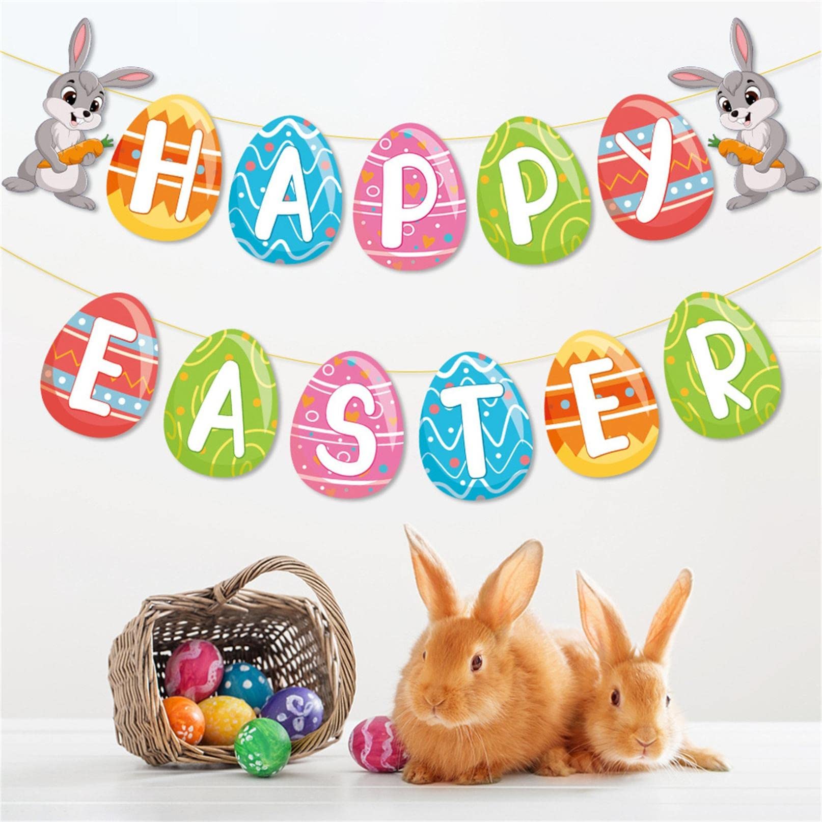 2Pcs Colorful Happy Easter Banner Garland - Bunny Bunting Flag with Burlap Design for Farmhouse Spring Party Decorations, Mantle Fireplace & Home Decor - Perfect for Easter Celebrations, Indoor & Outdoor Festive Events