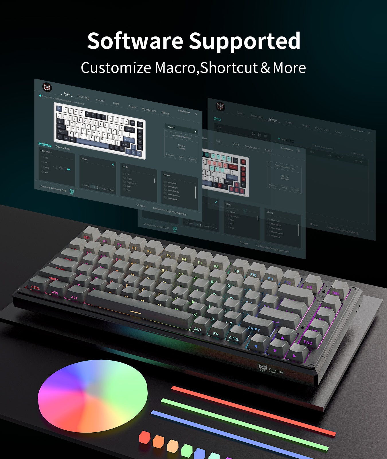 ONIKUMA GAMING 83 Key 75% Wireless Mechanical Keyboard - Tri Mode (2.4G/Bluetooth/Wired), 8000mAh Battery, Hot Swappable Switches, 5 Layer Gasket Mount, RGB Backlit, PBT Side Printed Keycaps (Black Gray) - Perfect for PC Gaming, Office Work & Typing Enthusiasts