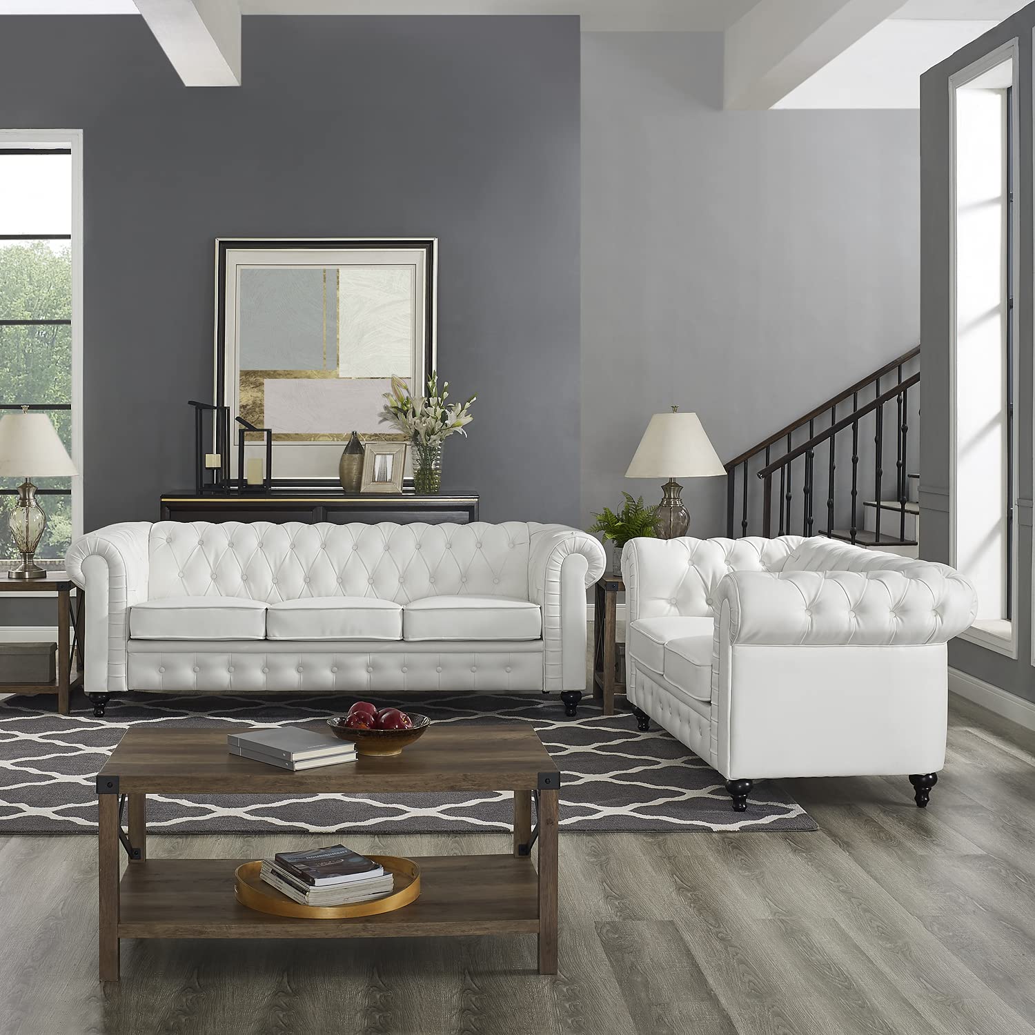 Naomi Home Emery Chesterfield Loveseat & Sofa - Tufted Rolled Arm 2 & 3 Seater Sectional Couch for Small Spaces - Easy Tool-Free Assembly in White | Perfect for Living Room, Bedroom & Apartment Decor
