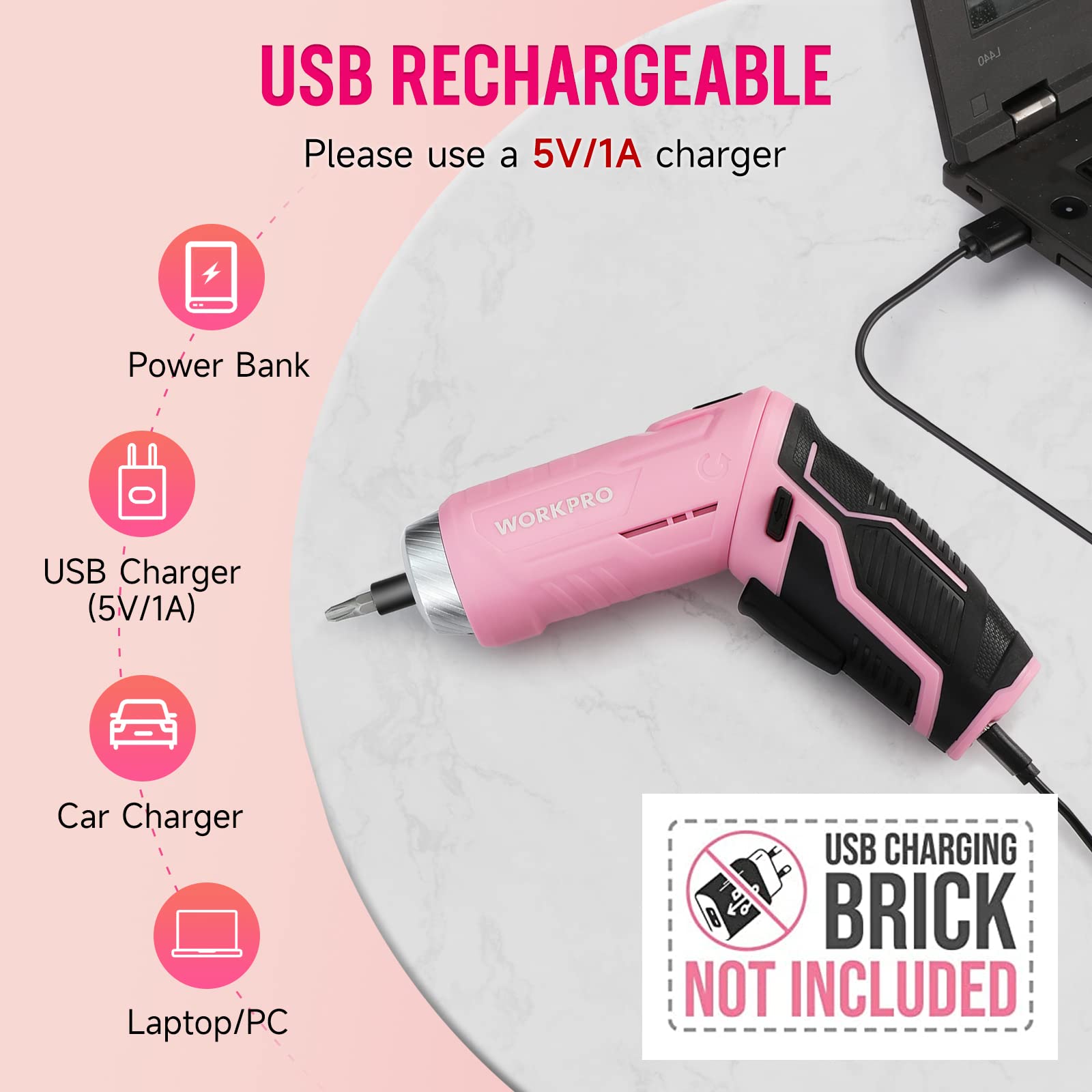 **WORKPRO 53-Piece Pink Tool Set with Electric Cordless Screwdriver - Basic Tool Kit for Women, Includes 13'' Portable Tool Bag - Perfect for DIY Home Repair, Maintenance & Crafting - Pink Ribbon Design**