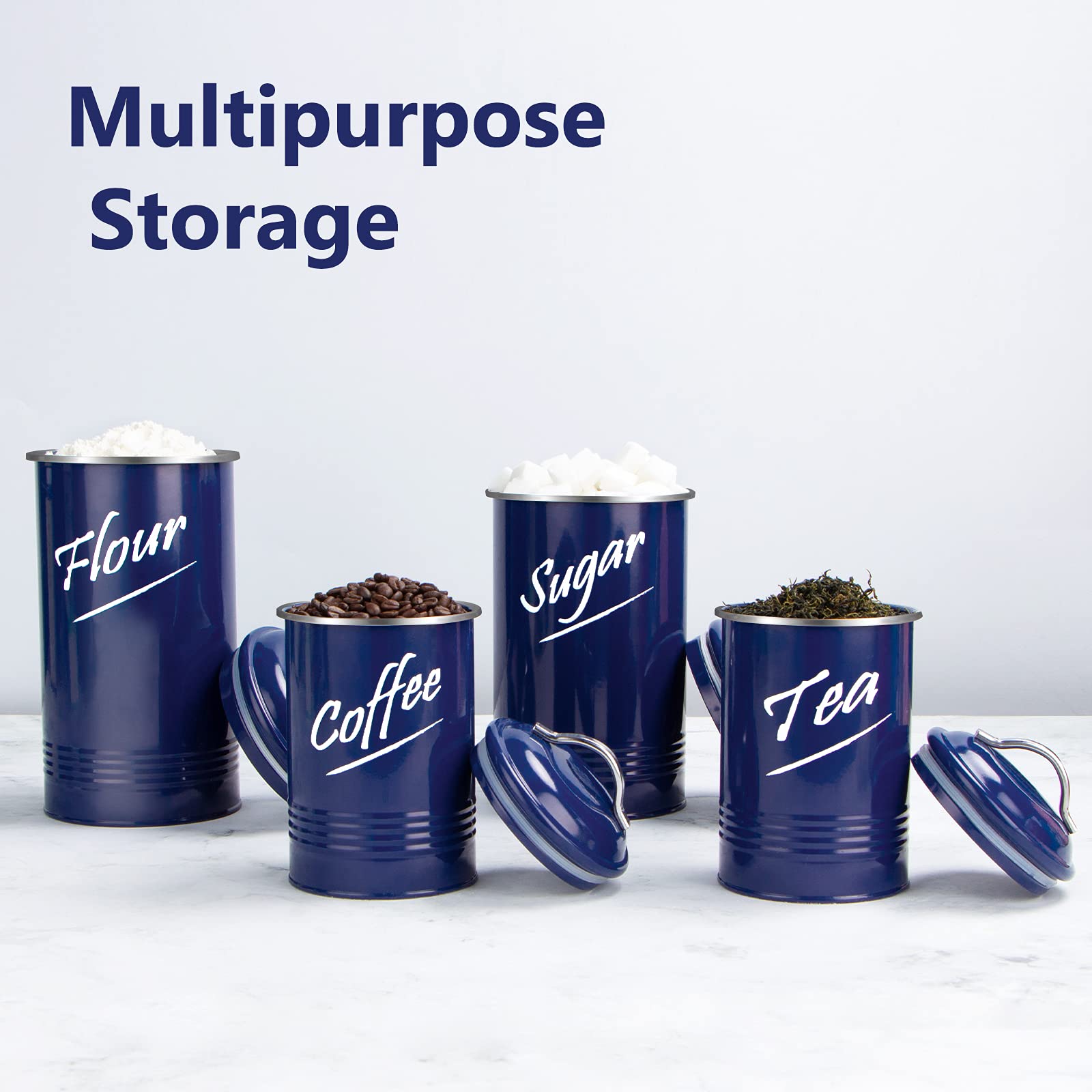Hillbond 4-Piece Stainless Steel Kitchen Canister Set with Powder Coated Finish - Navy Blue Airtight Food Storage Containers for Flour, Sugar, Coffee & Dry Goods | Perfect for Countertop Organization & Pantry Storage