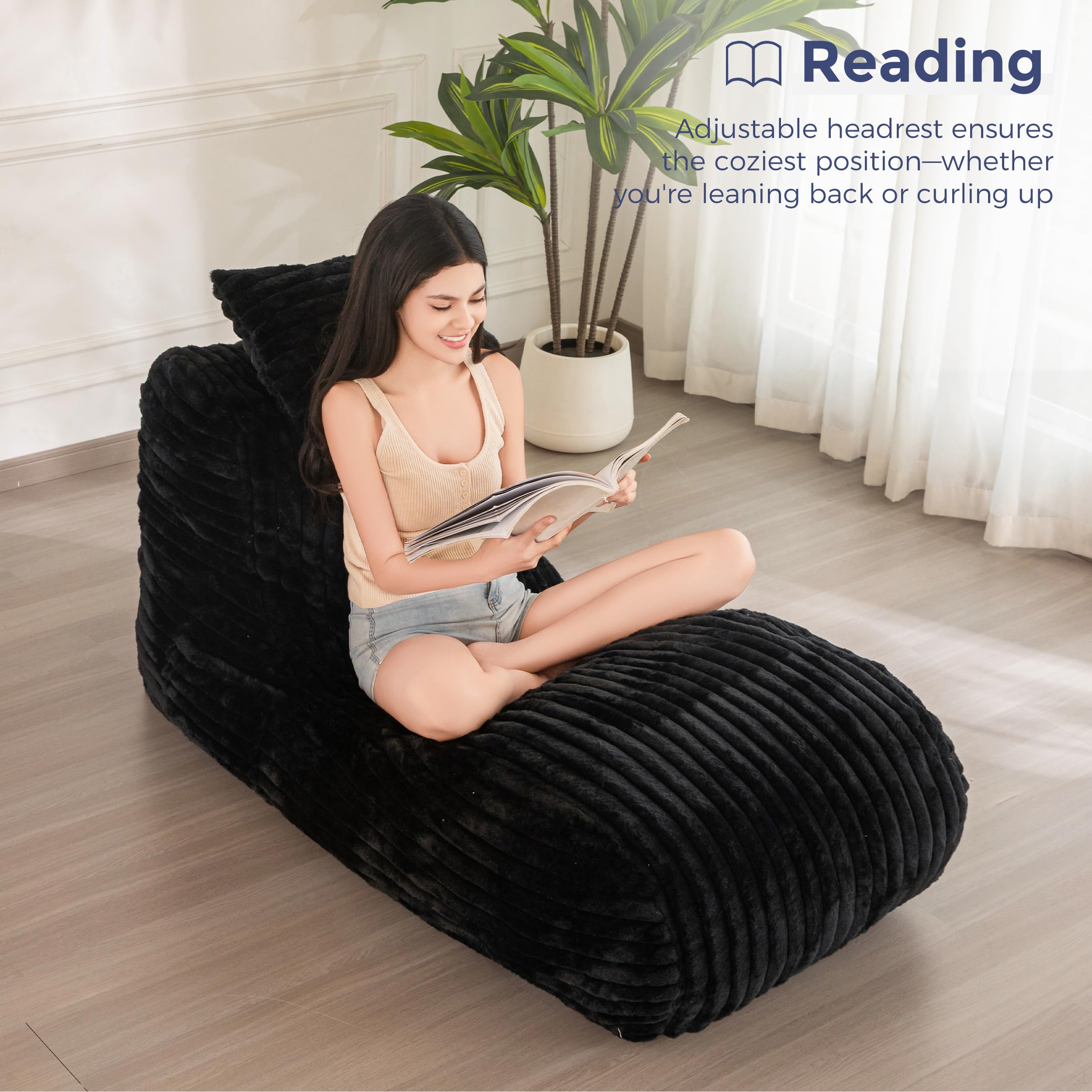 MAXYOYO Ergonomic Chaise Lounge Chair with Pillow - Soft Velvet Fabric Floor Sofa for Bedroom & Living Room - Comfortable Fainting Couch for Relaxation, Reading & Lounging - Black