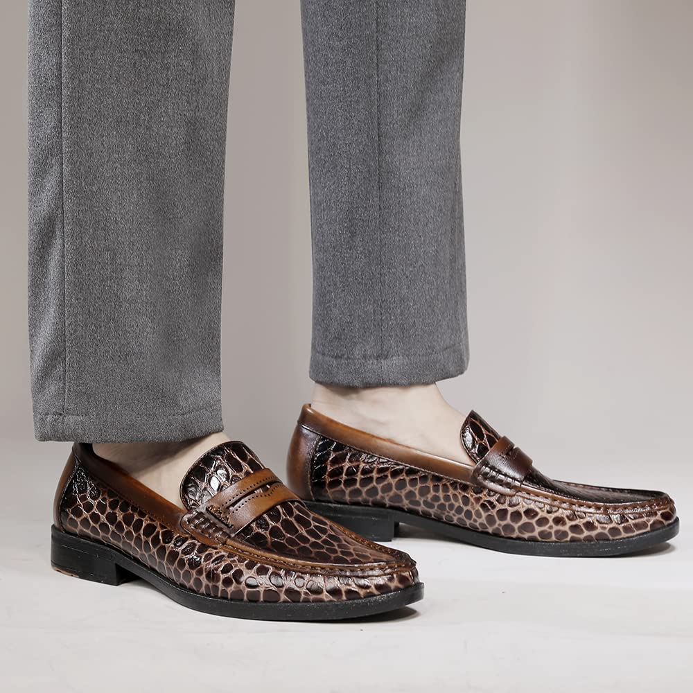 Premium Men's Leather Penny Loafers - Formal Dress Shoes with Crocodile Print | Soft Slip-On Comfort | Ideal for Business, Office & Wedding Occasions
