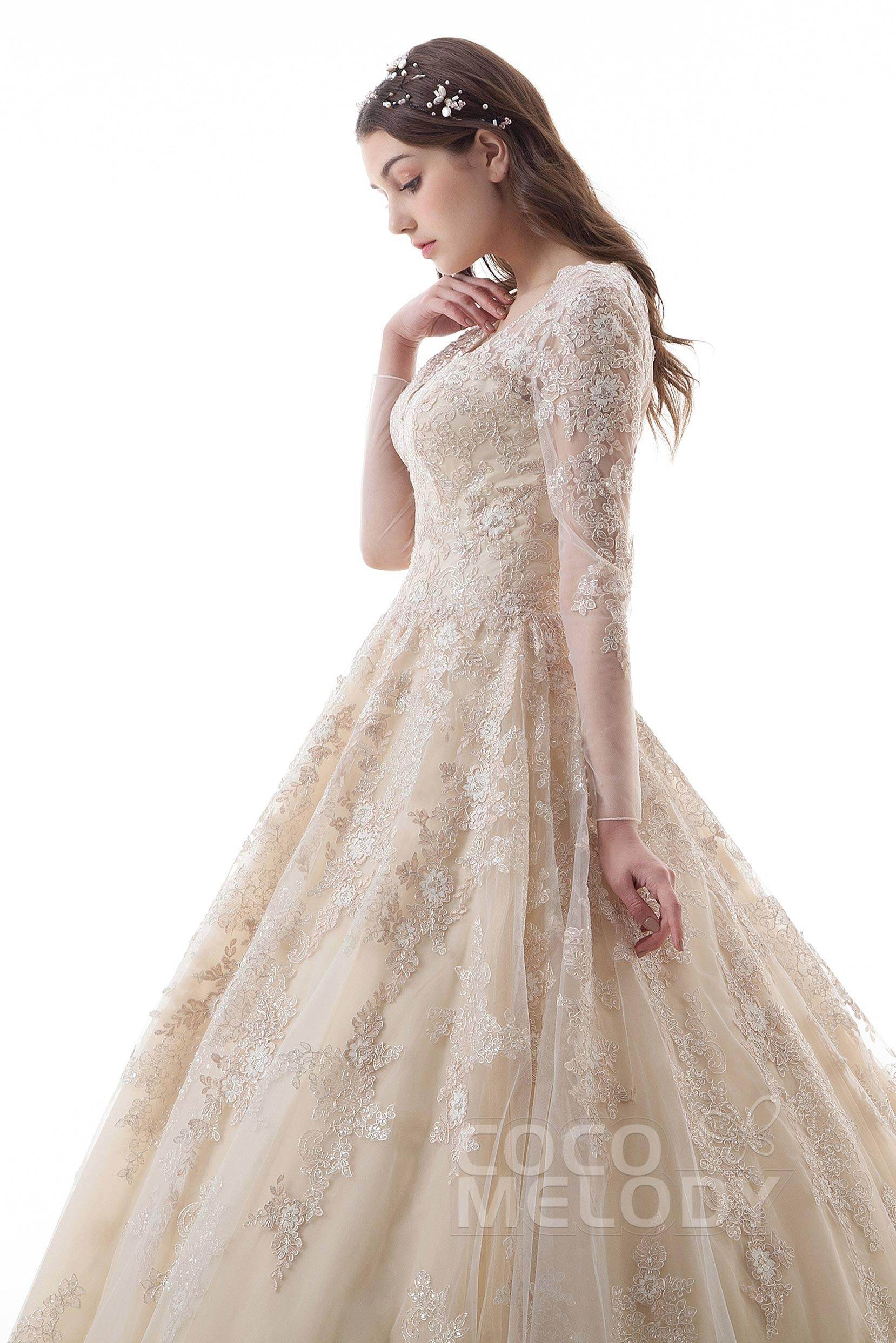 Elegant Gothic Princess Court Train Lace Tulle Wedding Dress LD4622 | Romantic Vintage Bridal Gown for Church Ceremony & Fairytale Wedding