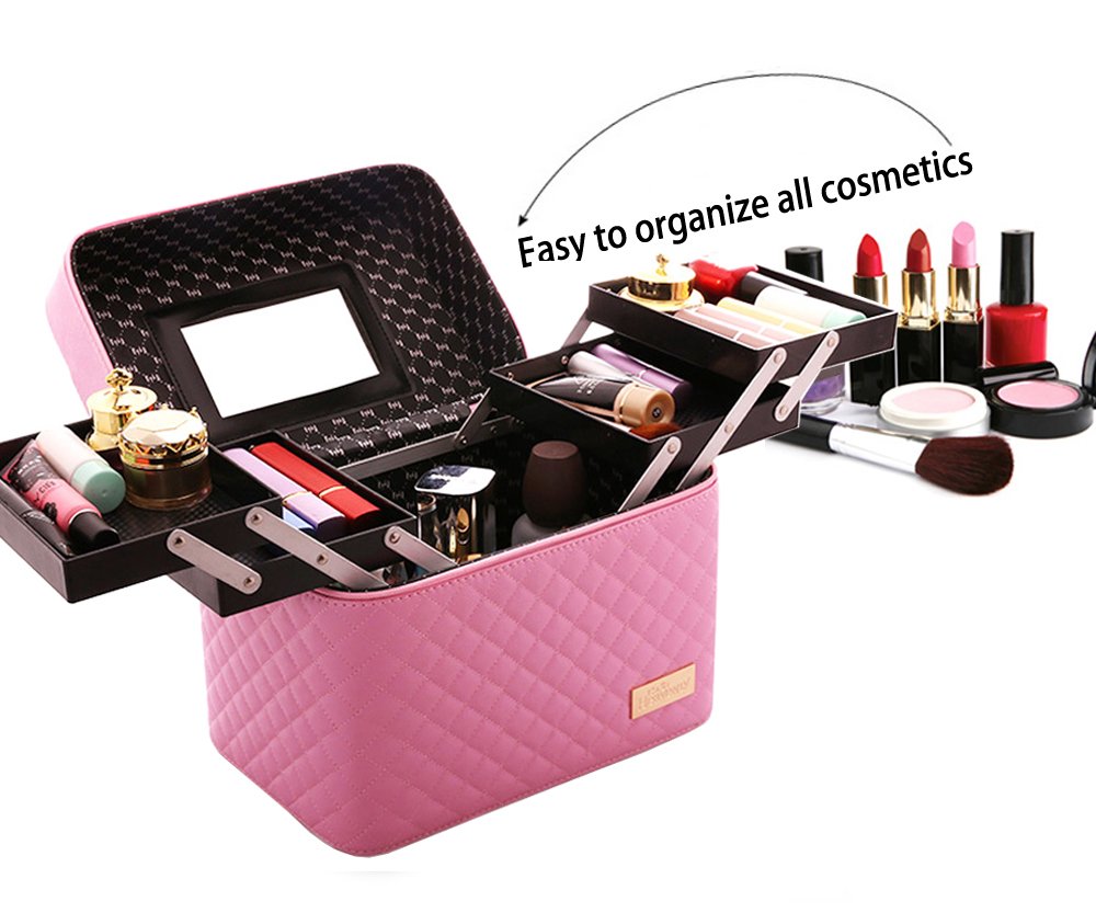 Sooyee 4-Layer Foldable Makeup Bag with Mirror - Pink Cosmetic Organizer & Travel Train Case for Women | Perfect for Travel, Home Storage & On-the-Go Touch Ups