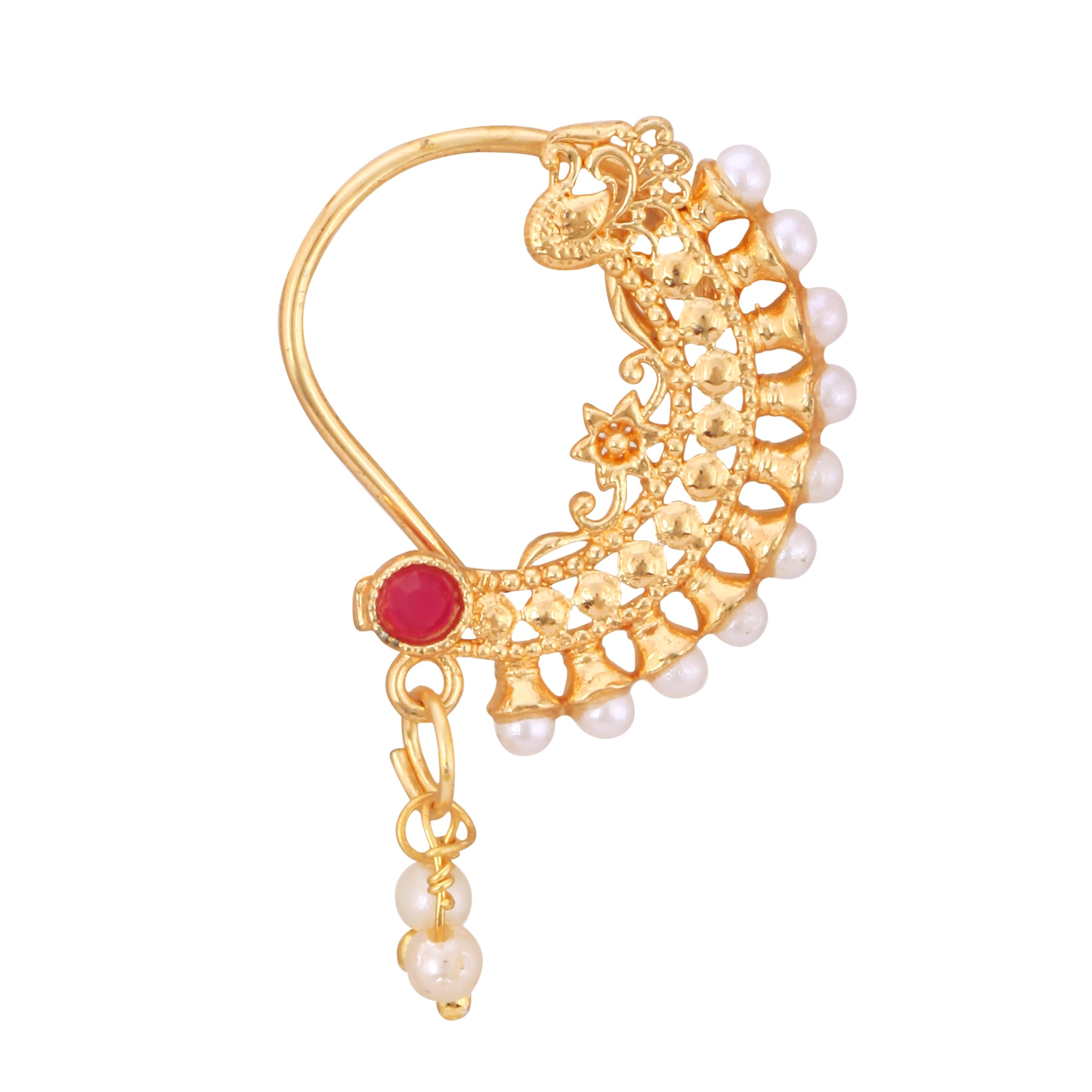 Vighnaharta CZ Red Stone & Pearl Moti Nath Nose Pin Combo Set for Women & Girls [VFJ1265-1266NTH-PRESS] | Traditional Indian Bridal Jewelry for Weddings, Festivals & Special Occasions