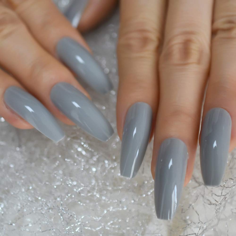 Extra Long Gray Ballerina Fake Nails - UV Acrylic False Nails with Extremely Long Light Grey Tips (24 Pack) - Perfect for Special Occasions, Parties, and Elegant Everyday Wear