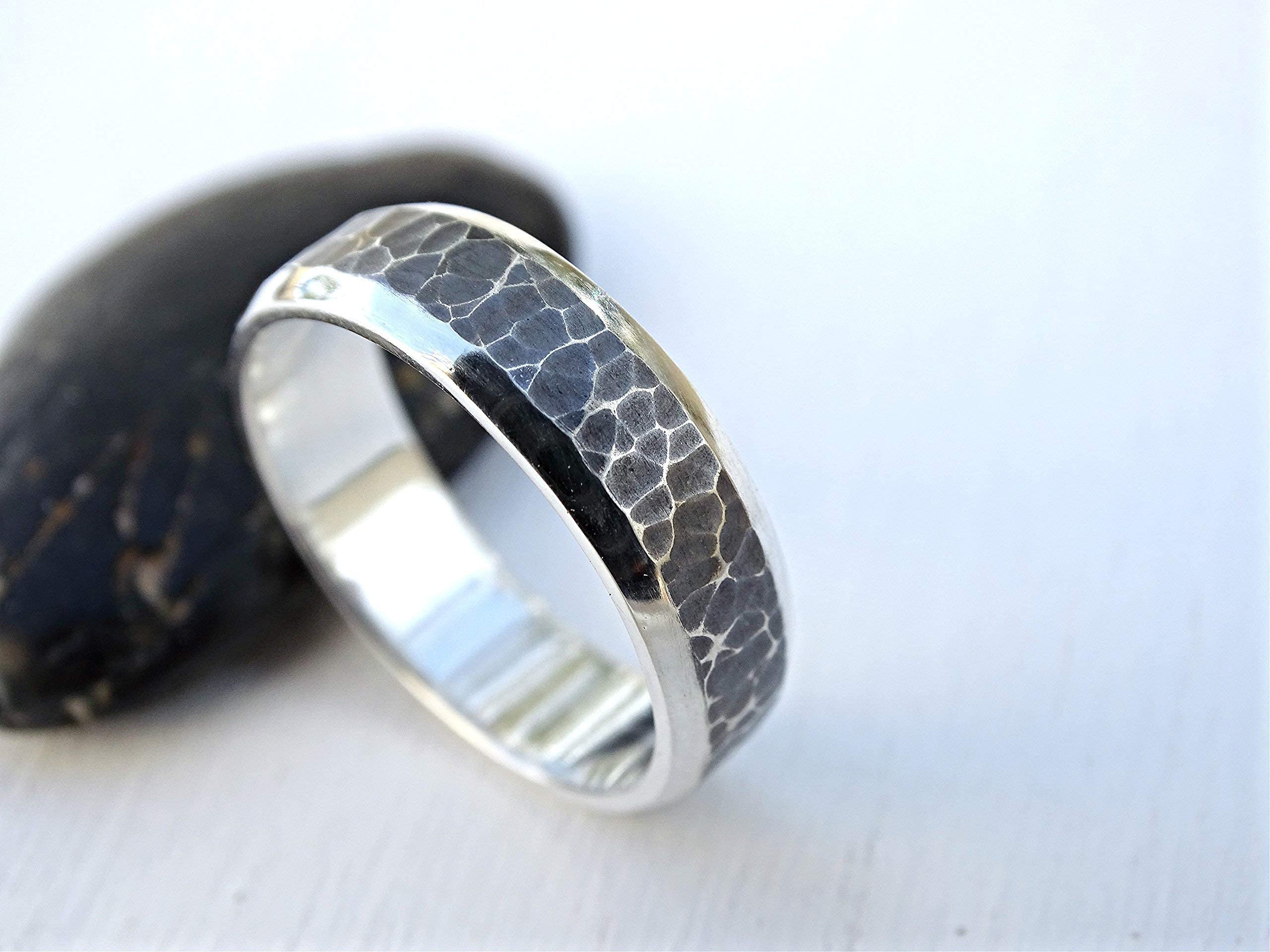 Personalized Men's Wedding Band - Handmade Hammered Silver Ring with Oxidized Finish - Unique Cool Men's Jewelry for Wedding, Anniversary & Special Occasions