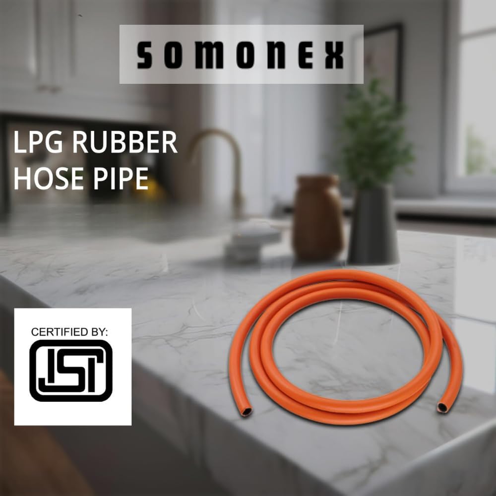 Somonex 2.5M ISI Certified LPG Gas Hose - Flame Resistant, Leak Proof with Reinforced Steel Wire & Clamp for Home Gas Stoves | Safe for Kitchen, Outdoor Cooking & RV Use