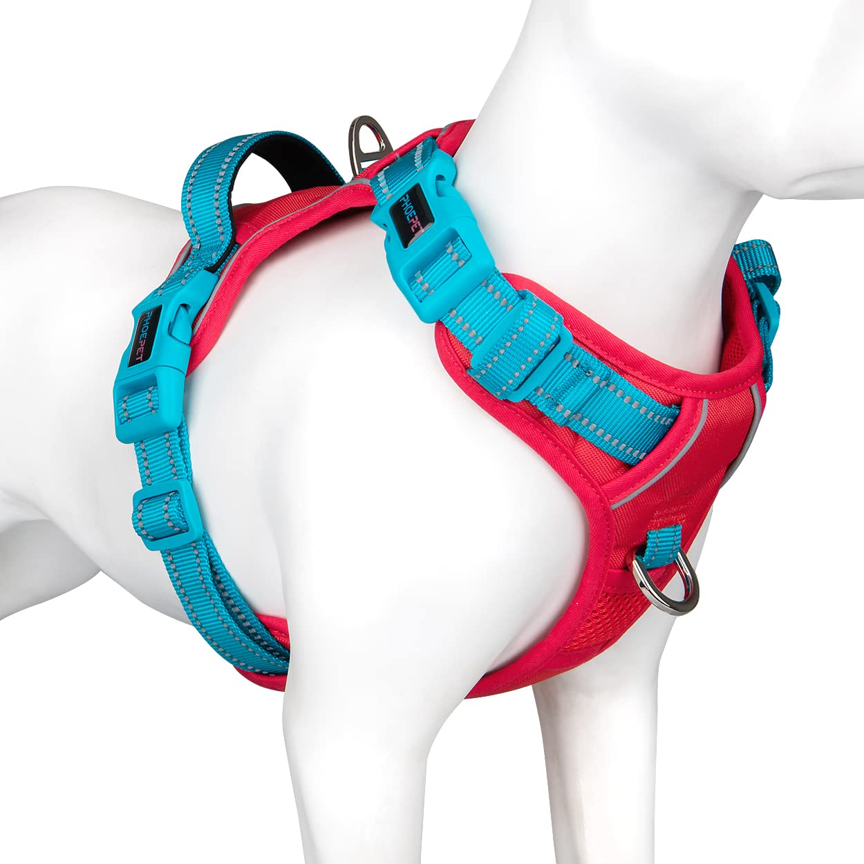 PHOEPET No Pull Dog Harness - Reflective Adjustable Dog Vest with Soft Training Handle & Metal Clips for Small Medium Large Dogs - Red Base & Teal Straps (XL) - Perfect for Walking, Running, and Outdoor Adventures