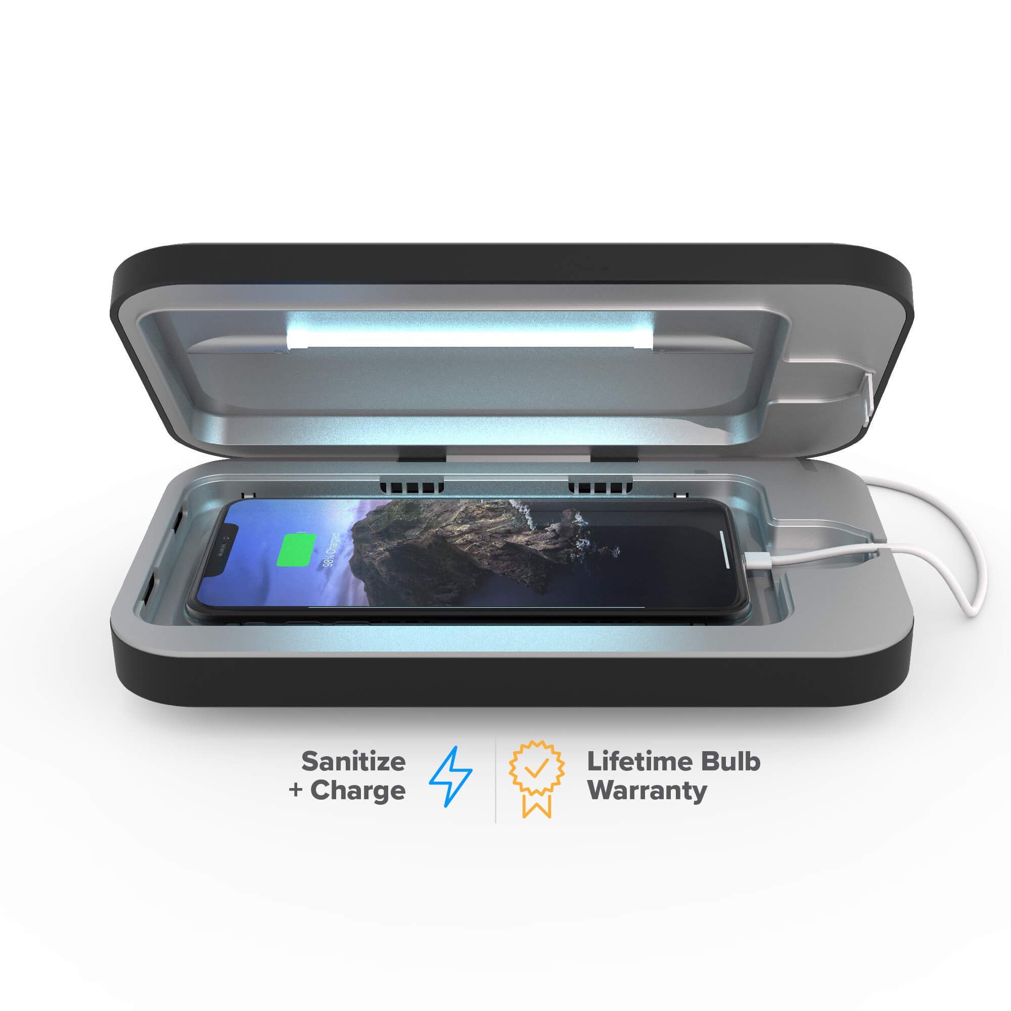 PhoneSoap 3 UV Cell Phone Sanitizer & Charger - Patented 360° UV-C Light Sanitizer for iPhone, Samsung, Android | Clinically Proven Phone Disinfection | Universal Phone Charging Station | Perfect for Home, Office & Travel (Black)