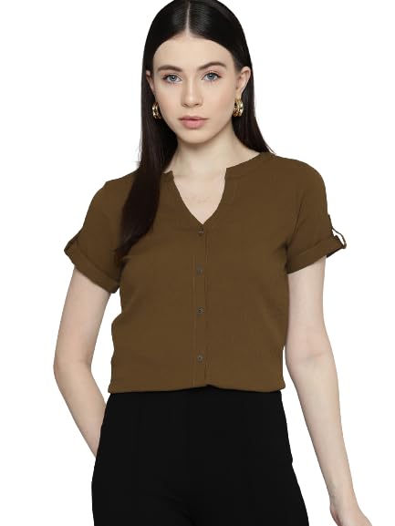 Wisstler Bronze Color Solid Crepe Shirt - Fashionable Office Wear with Half Sleeves | Perfect for Business Casual & Professional Outfits