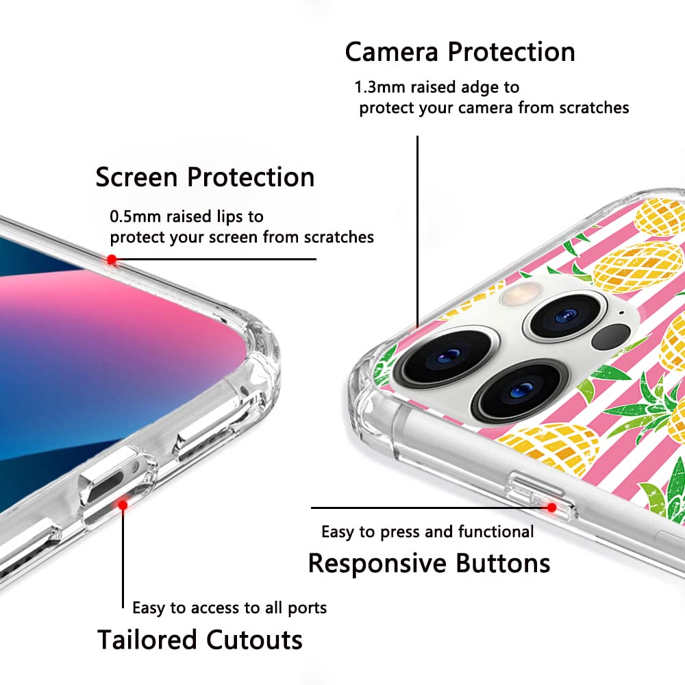Cute Pineapple Pattern Clear Soft TPU Case for iPhone 13 Pro (6.1 Inch) - Slim Fit Protective Phone Cover with Pink Stripe Design for Women & Girls | Perfect for Everyday Use, Travel & Gifts
