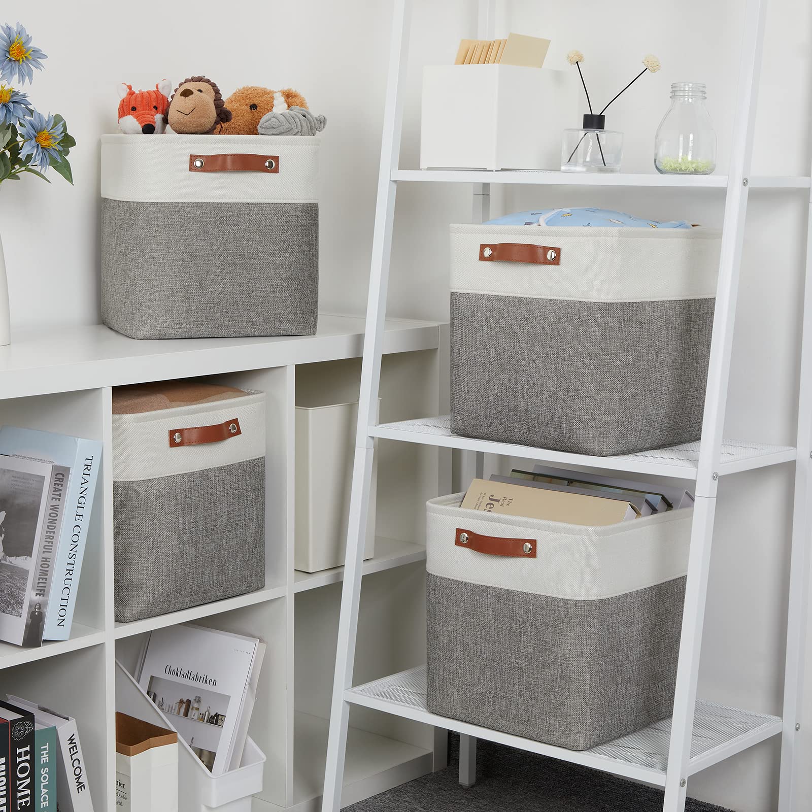 DULLEMELO Foldable Storage Baskets Set - 4 Large 12x12x12 Inch Cube Bins & 6 Small 11.8x7.9x5.1 Inch Organizer Baskets (White & Grey) | Space-Saving Closet, Nursery, Bathroom & Office Organization Solution