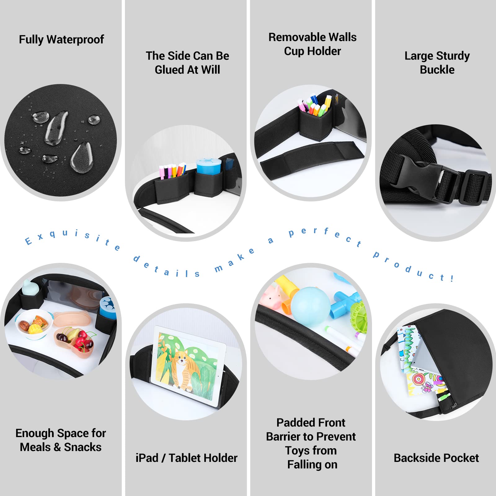 COOLBEBE Kids Travel Tray for Toddler Car Seat & Airplane - 2 Pack Black Lap Tray for Snacks, Toys & Activities - Perfect for Road Trips, Flights & Dining On-The-Go
