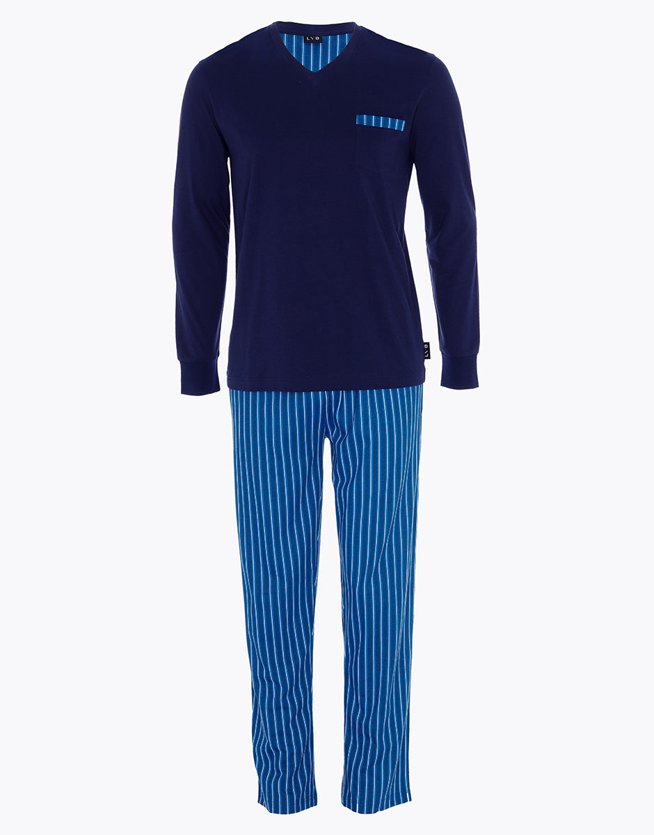 Men's Navy Blue V-Neck Long Sleeve Cotton Pajama Set - Soft & Comfortable Sleepwear for Relaxing at Home or Lounging