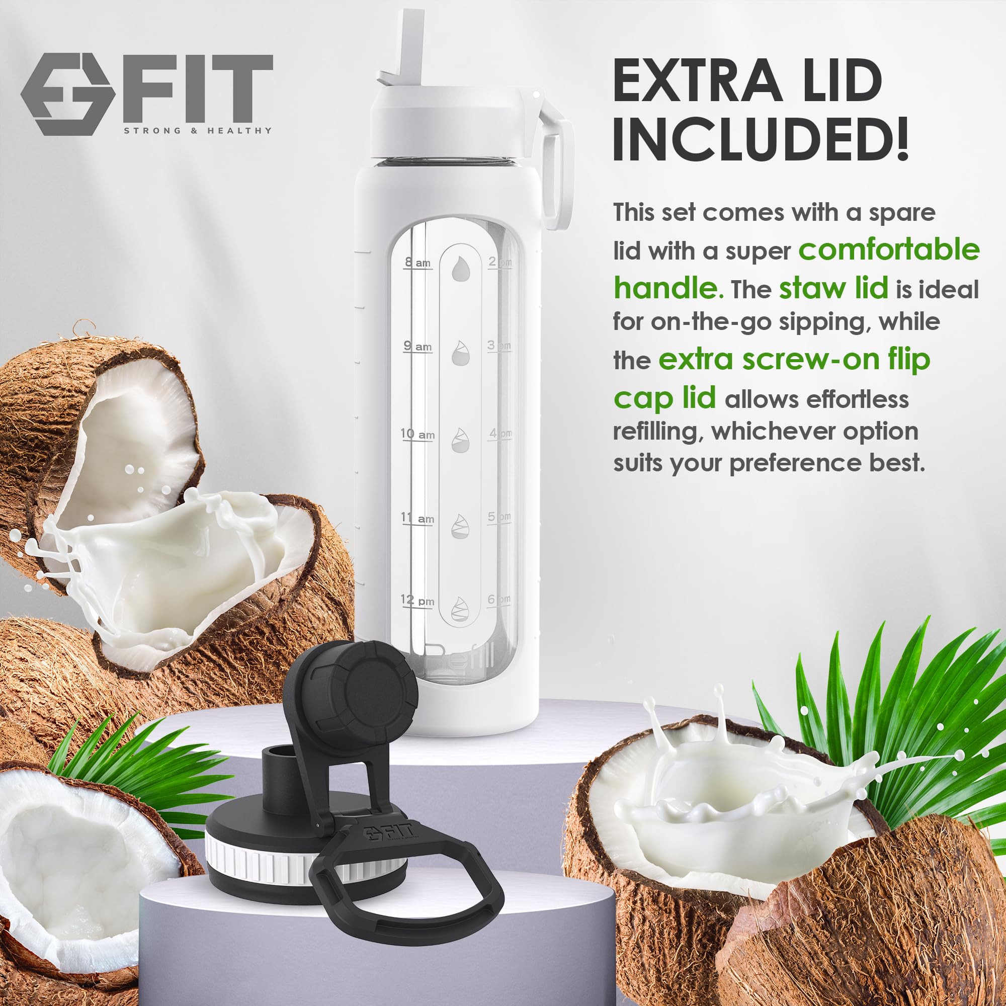 FIT Glass Water Bottle 32oz - Leakproof, Reusable with Time Marker for Gym & Office