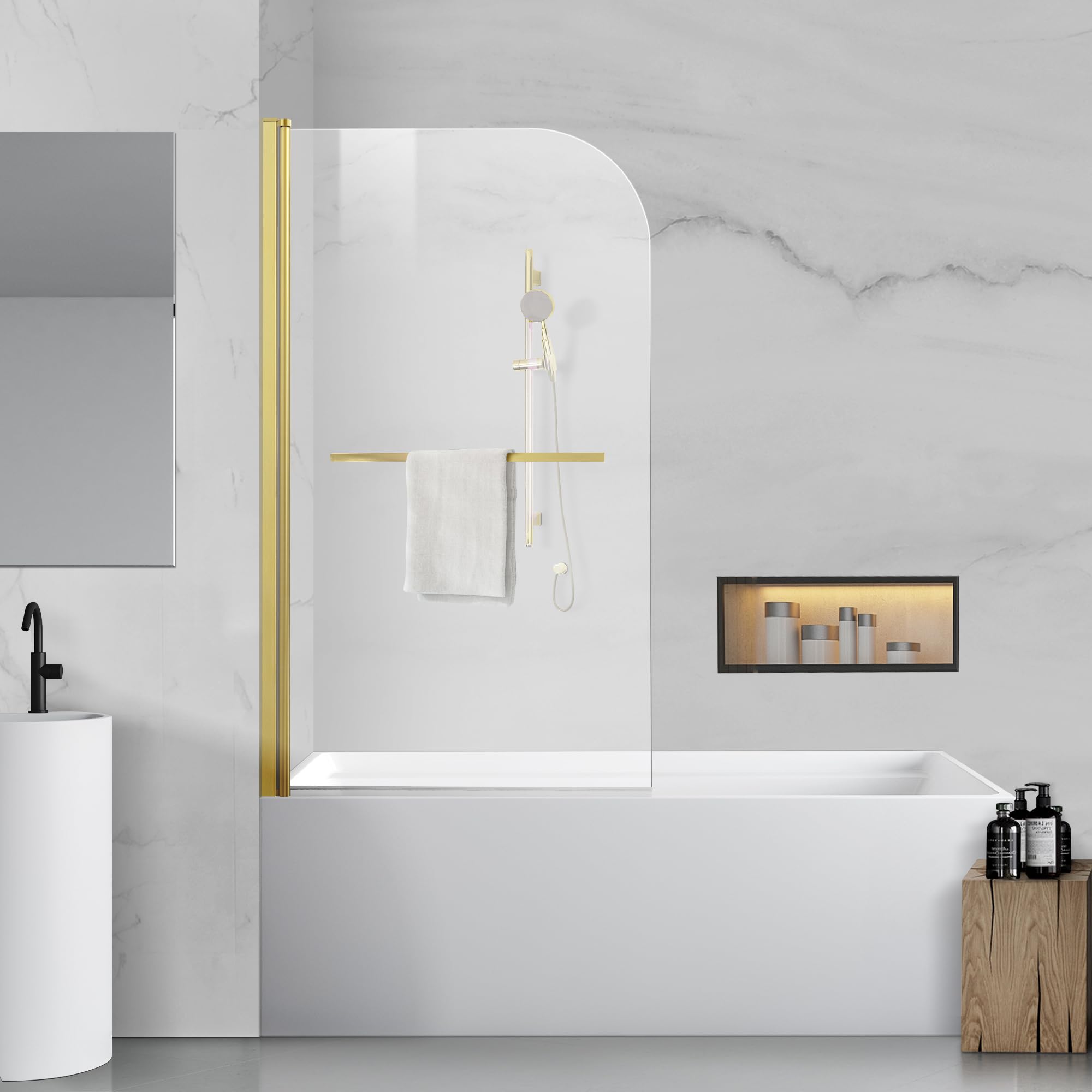 Frameless Shower Door 34x58 Inch - Brushed Gold Tempered Glass (6mm) Bathroom Tub Enclosure with Handle - Perfect for Modern Bathrooms & Spa-Like Showers