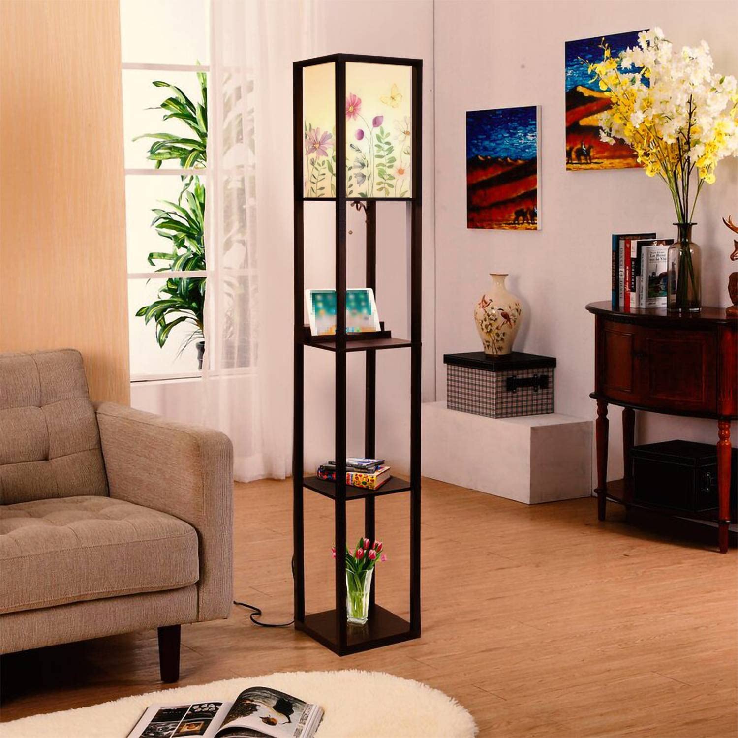 Modern Wildflowers Green Floral Seamless Floor Lamp with Shelves, USB Ports & Power Outlet - Linen Fabric Shade Tall Standing Lamp for Living Room & Bedroom - Perfect for Reading Nooks, Home Office, and Cozy Corners
