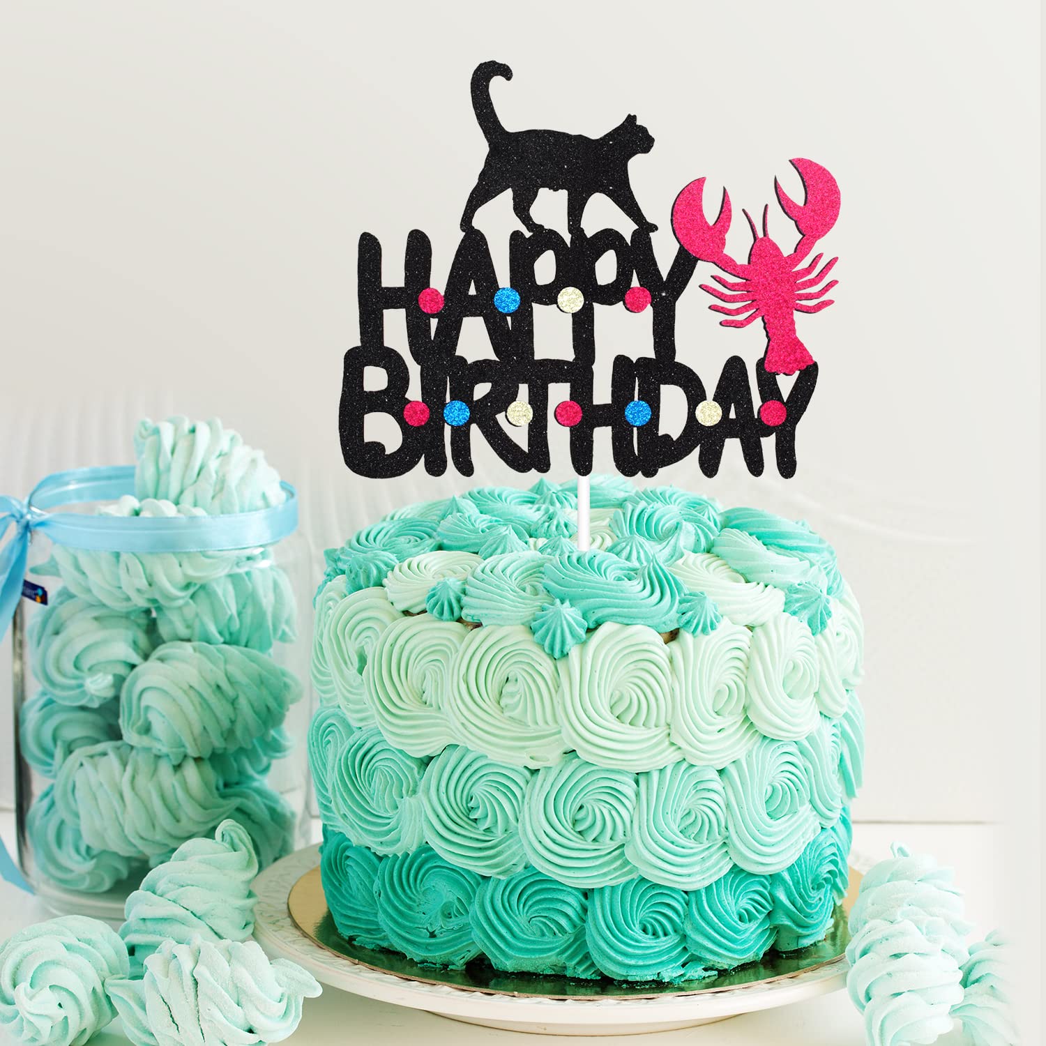 Happy Birthday Cat Cake Topper - Black Glitter Cat & Lobster Design for Birthday Party Decorations - Perfect for Kids, Boys, Girls Birthday Cakes and Celebrations