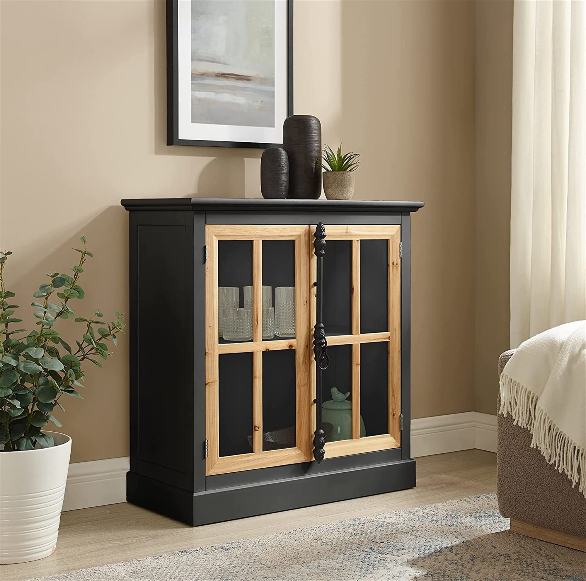 Industrial Style Wooden Curio Display Cabinet with Adjustable Shelves - Natural Wood Doors & Metal Handles - Entryway, Kitchen, Dining Room Storage Solution (Black) - Perfect for Showcasing Collectibles & Home Organization