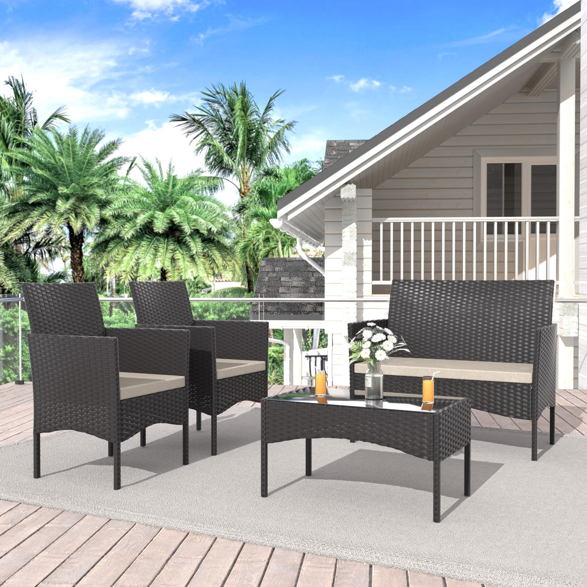 4-Piece Outdoor Patio Furniture Set - Weather-Resistant Rattan Conversation Set with Coffee Table for Backyard, Porch, Poolside - Perfect for Relaxing & Entertaining Guests