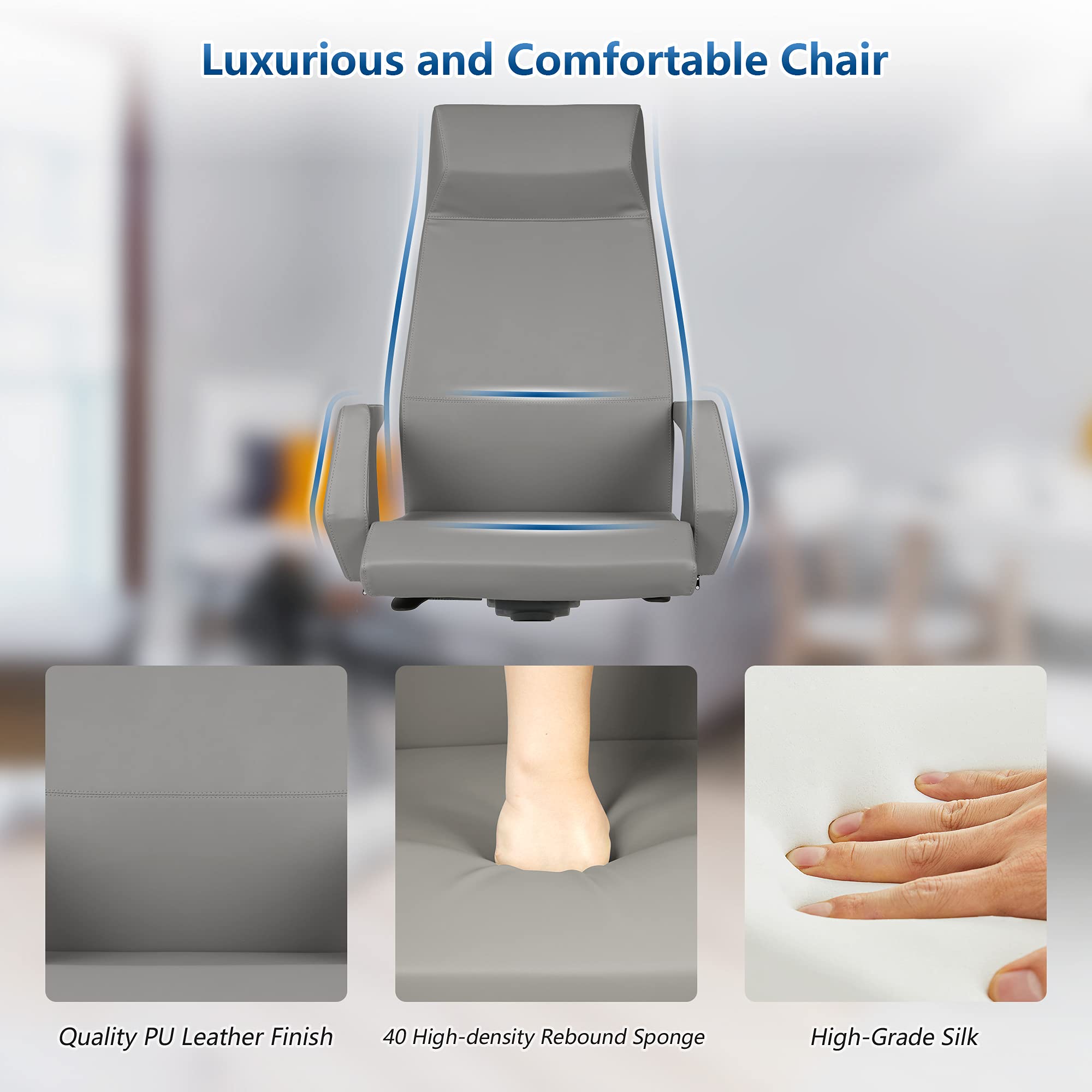 LUCKYERMORE Ergonomic High Back Office Chair - Adjustable Height Swivel PU Leather Desk Chair with Thick Cushion & Tilt Function, Easy Assembly, Grey - Perfect for Home Office, Gaming & Workspace Comfort