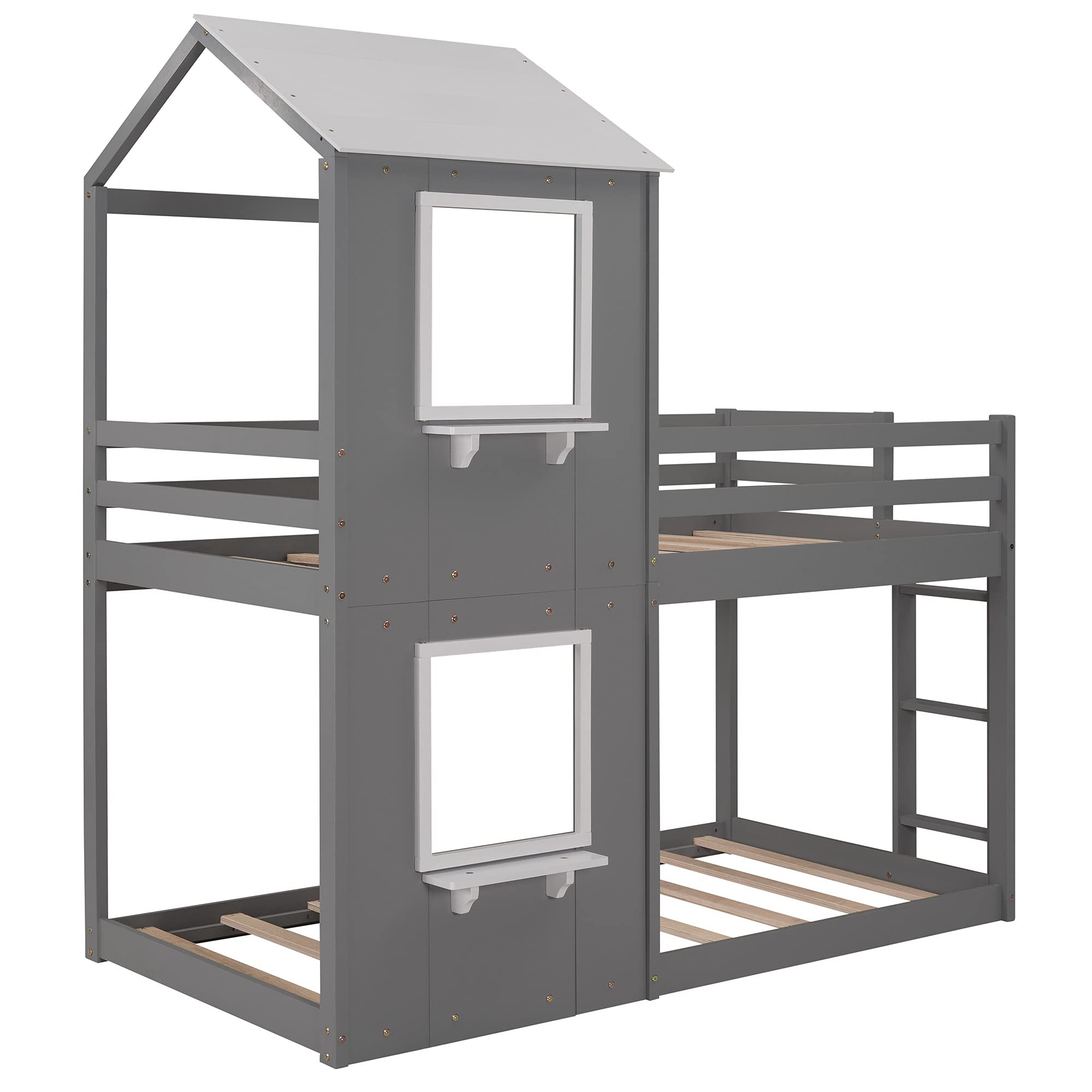 Kids House Shaped Bunk Bed with Roof & Window - Twin Over Twin Loft Bed with Guardrail & Ladder - Gray Themed Bedroom Furniture for Boys & Girls - Perfect for Small Spaces, Sleepovers & Playtime