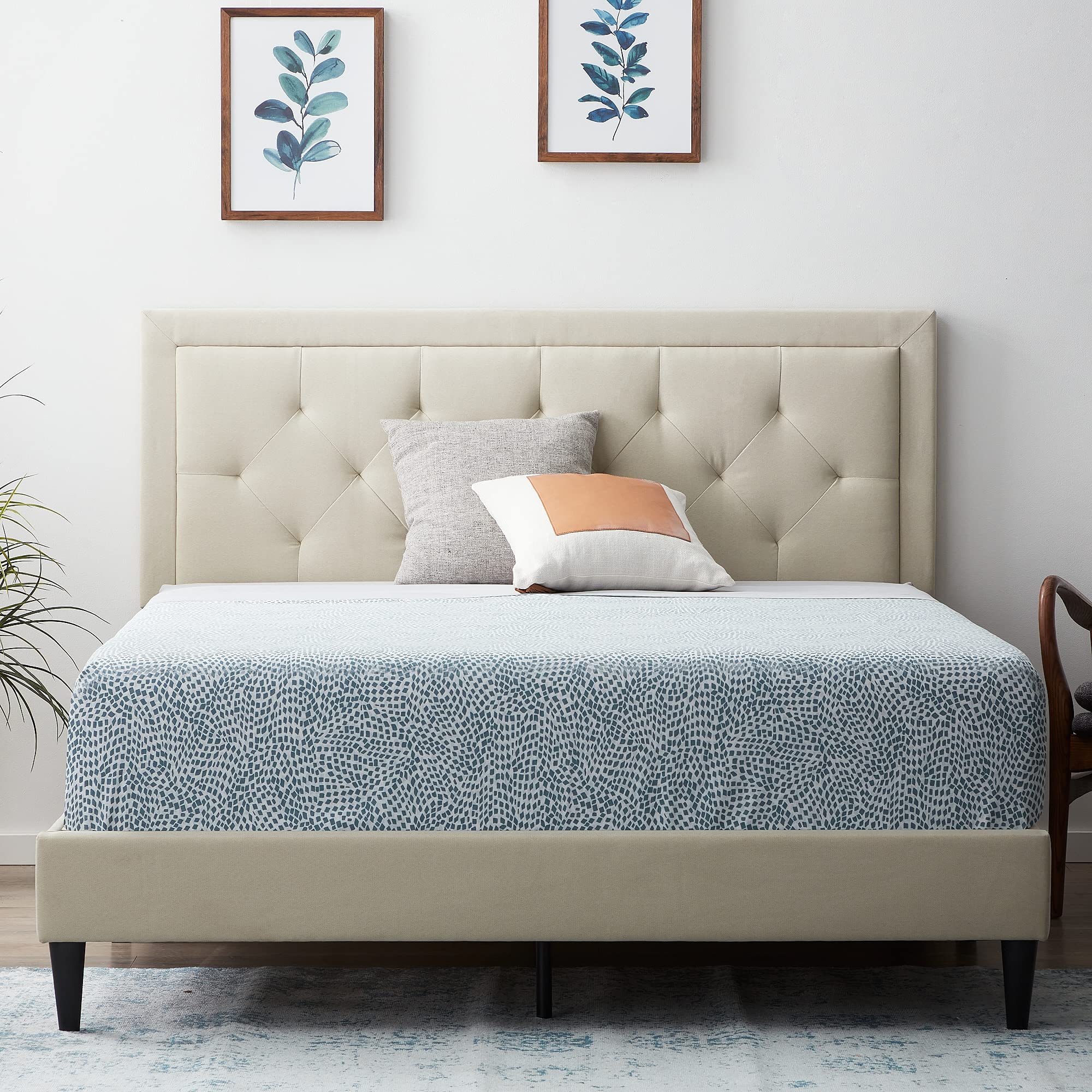 LUCID Full Size Bed Frame with Diamond Tufted Upholstered Headboard - Platform Bed with Removable Wood Slats - No Box Spring Required - Easy Assembly - Pearl White - Perfect for Small Bedrooms, Guest Rooms & Modern Apartments