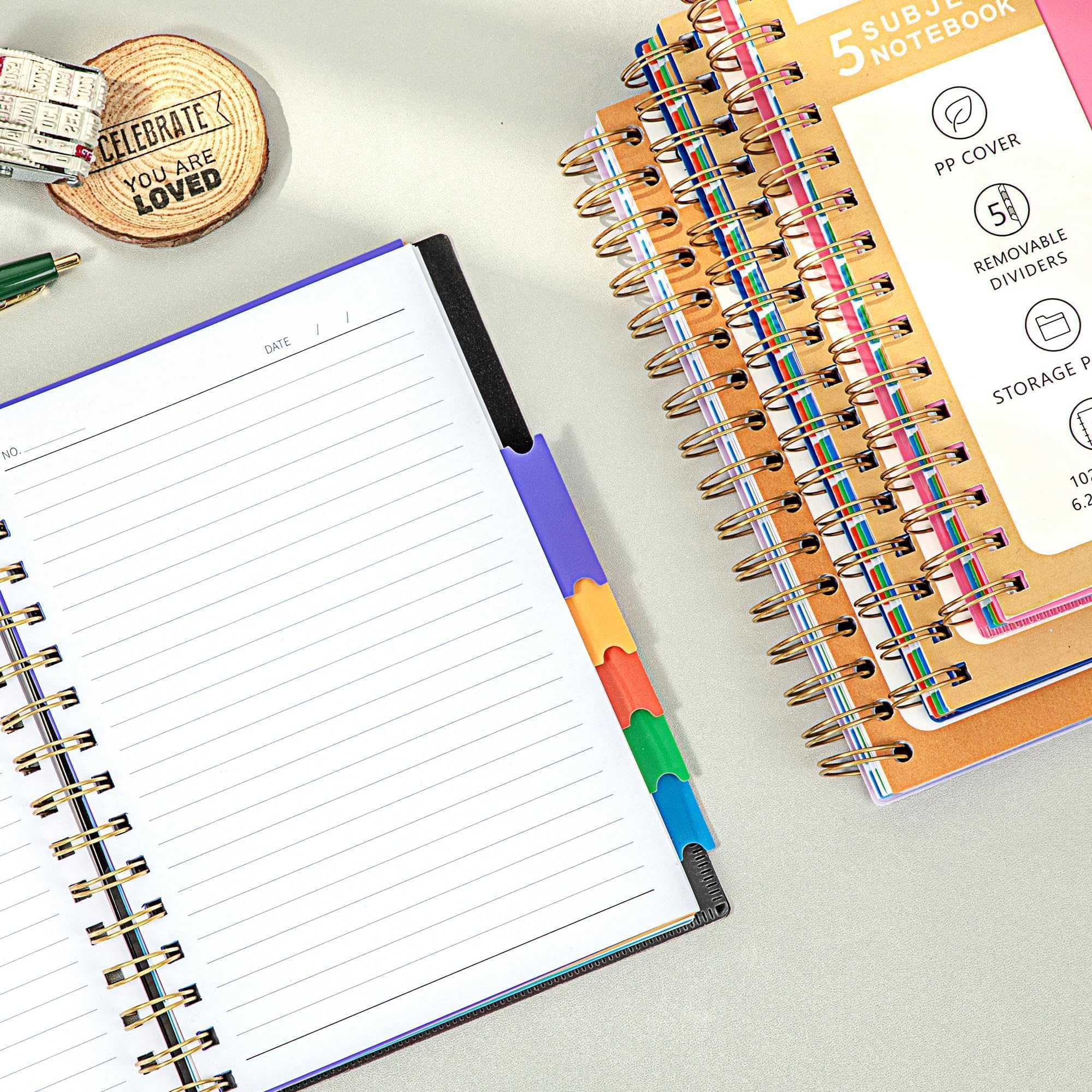 CAGIE A5 5-Subject Spiral Notebook with Removable Dividers - College Ruled Lined Journal for School, Work & Writing - Perfect for Students, Professionals & Note-Taking (Pink) | Ideal for Class Notes, Office Meetings & Daily Journaling