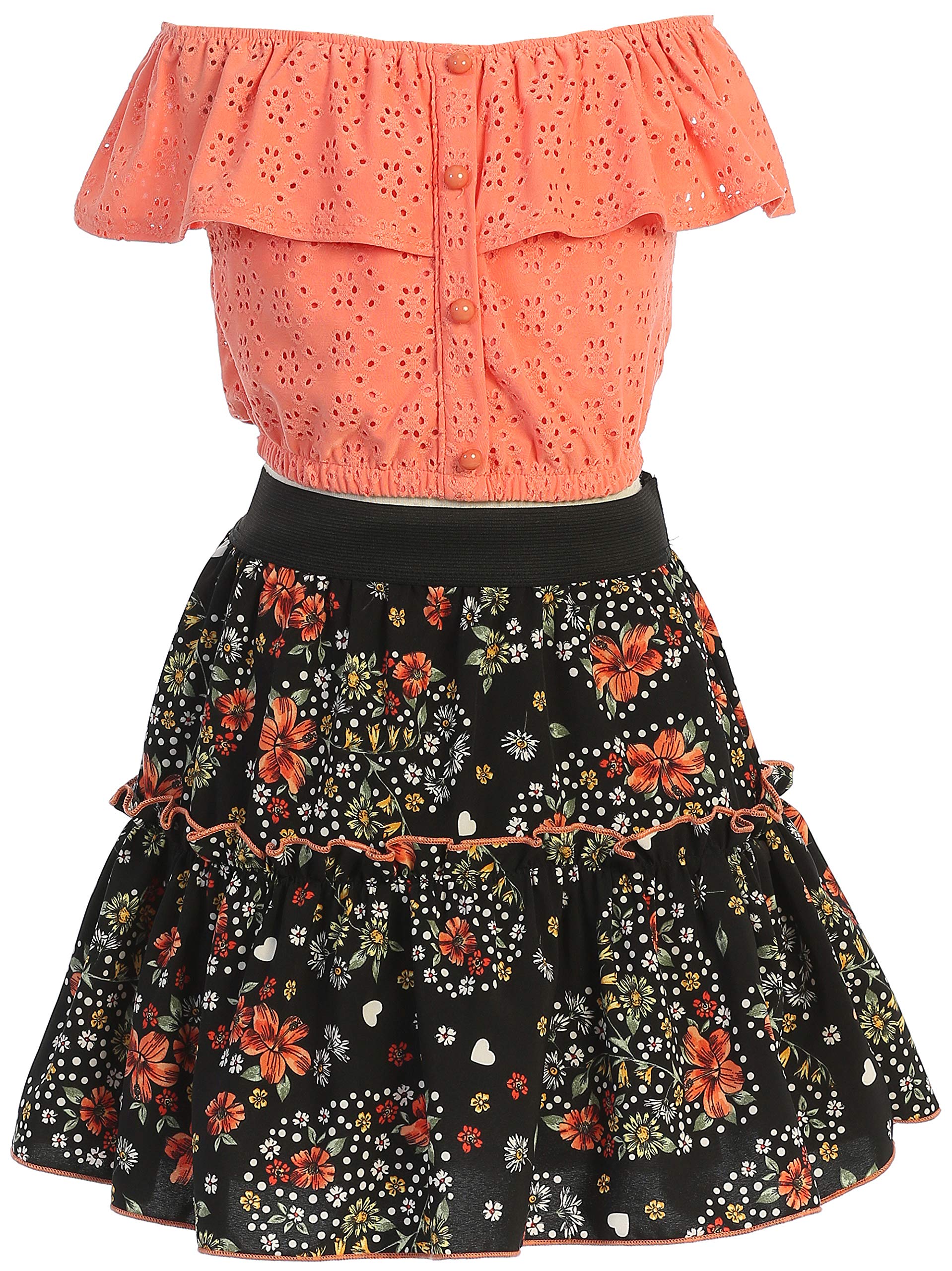 2-Piece Cold Shoulder Top & Skirt Set for Girls - Floral Print Flower Girl Party Dress Outfit | Perfect for Weddings, Birthday Parties & Special Occasions